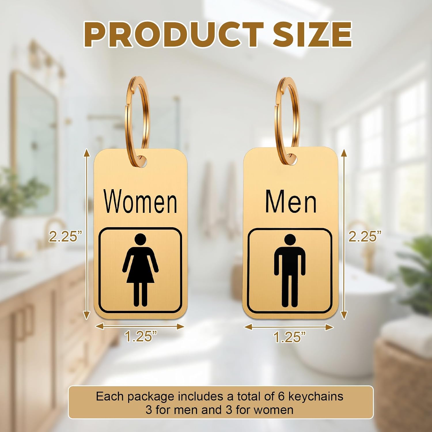 Tondiamo 6 Pcs Restroom Pass Keychains for Business, 3 Men 3 Women, Solid Brass Bathroom Tag, Double-sided Engraved Commercial Restroom Keys for Business Office Classroom, 1.25'' x 2.25''