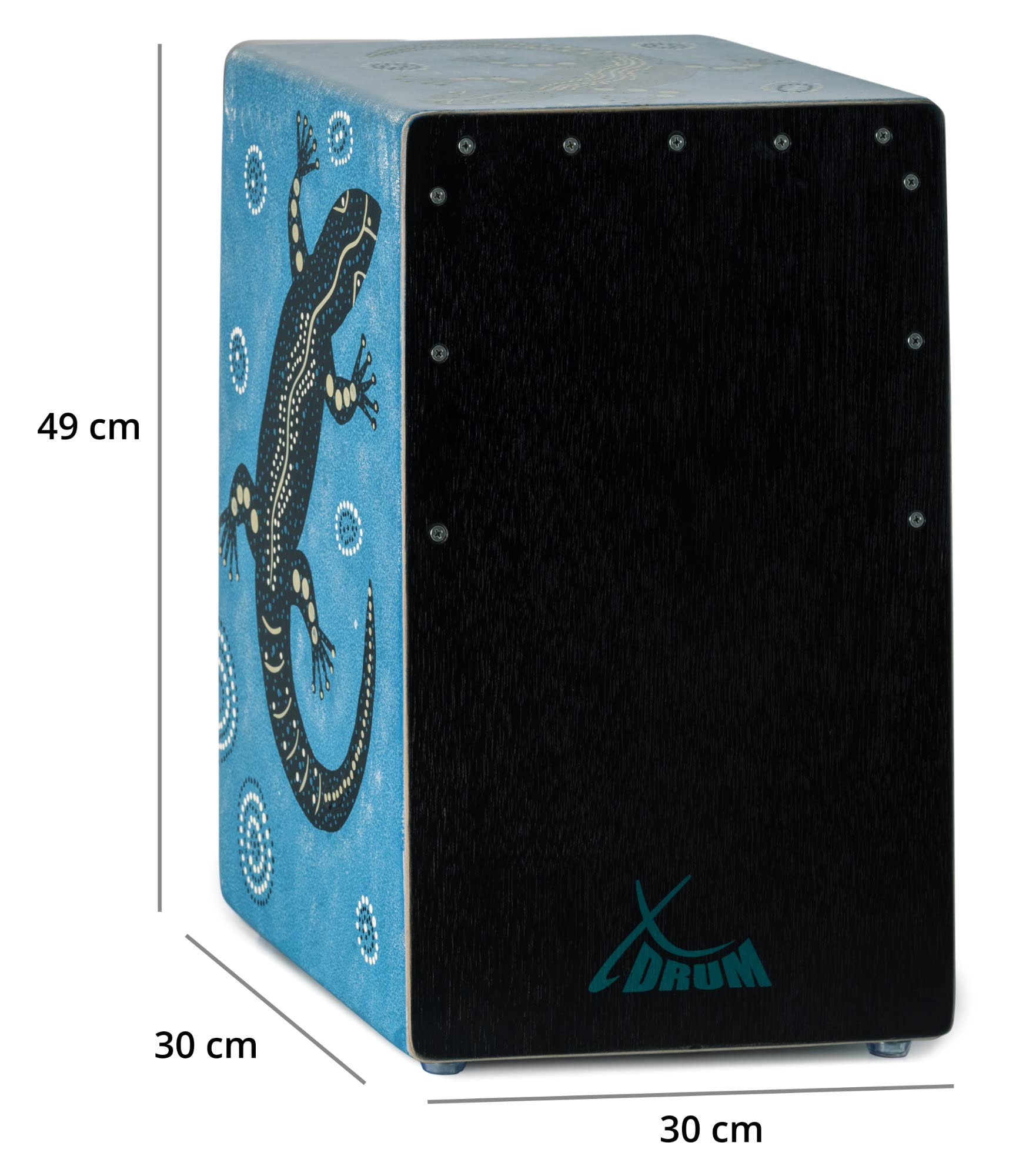 XDrum Design Series Cajon “Gecko” - Handbemalte Designer-Cajon mit Dot Art-Geckos - Integrierter Bass Port - Korpus aus HPL (High Pressure Laminate) - Fest installierter Snare-Teppich
