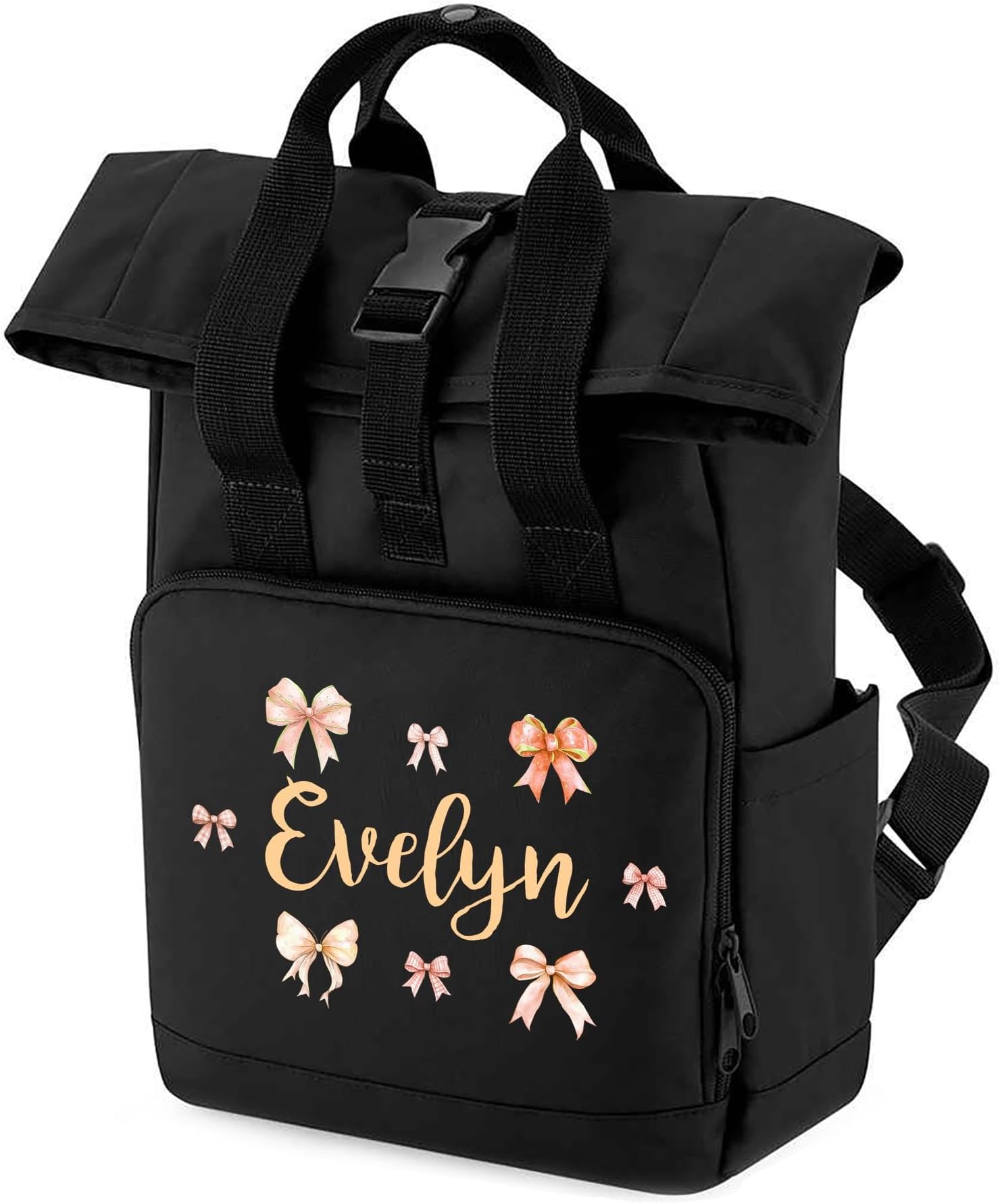 Personalised Girls Bag Mini Roll Top Backpack Custom Name Bow Gift for Back to School Toddler Nursery