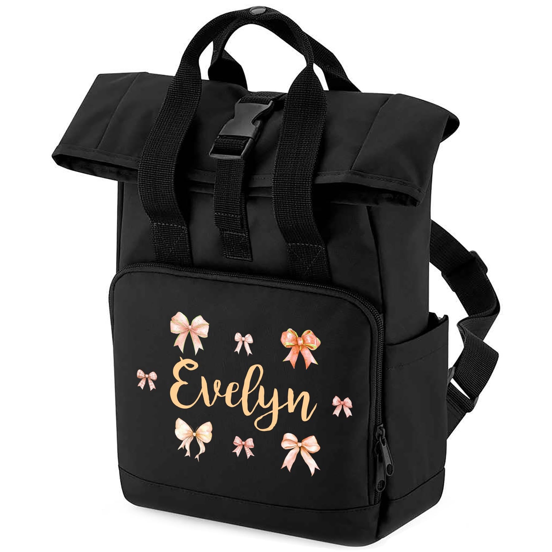 Personalised Girls Bag Mini Roll Top Backpack Custom Name Bow Gift for Back to School Toddler Nursery