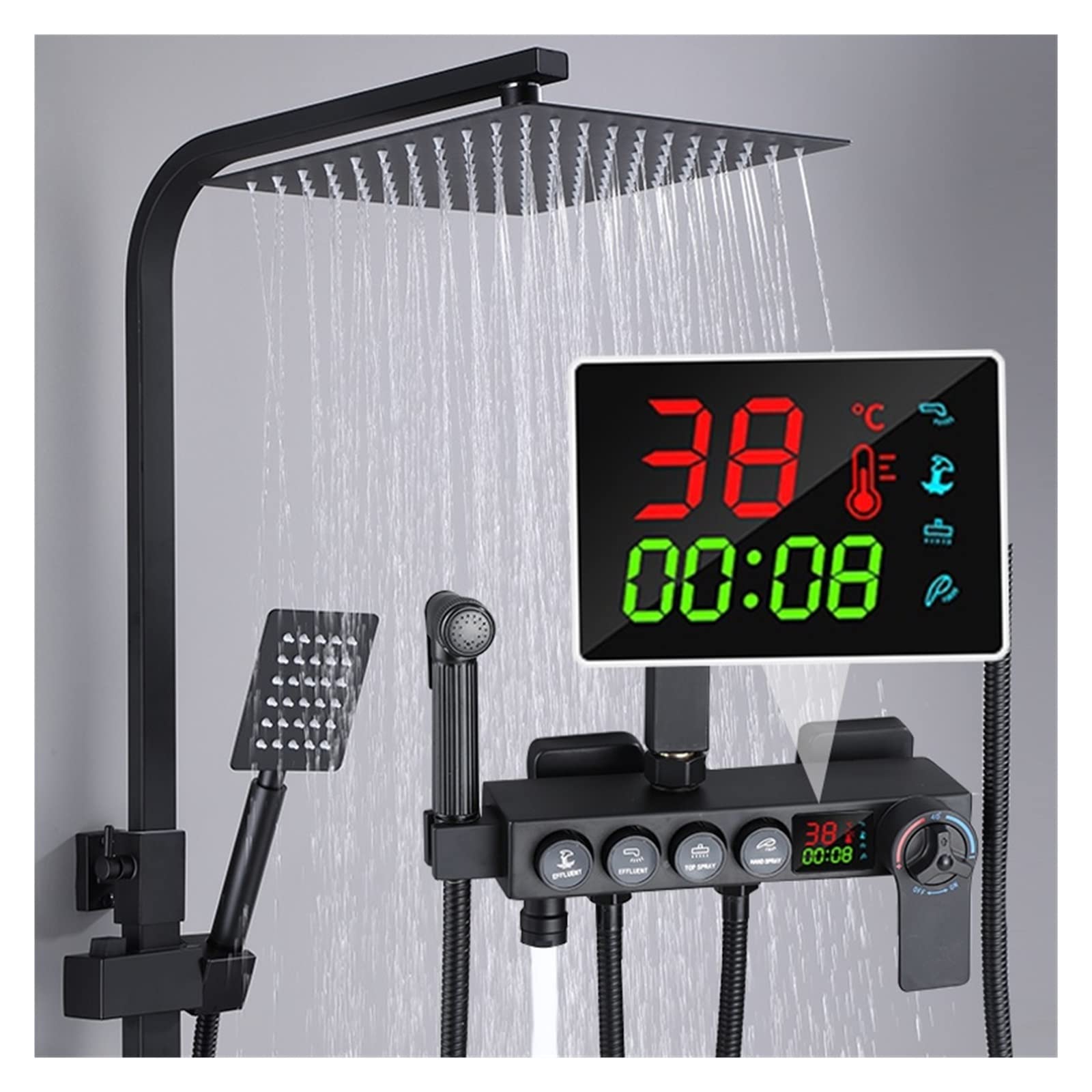Mosiężna termostatyczna bateria prysznicowa zestaw/prysznic łazienkowy zestaw kran cyfrowy wyświetlacz, deszczownica kolumna, 25 CM/30 CM konewka(Black-ABS-C)