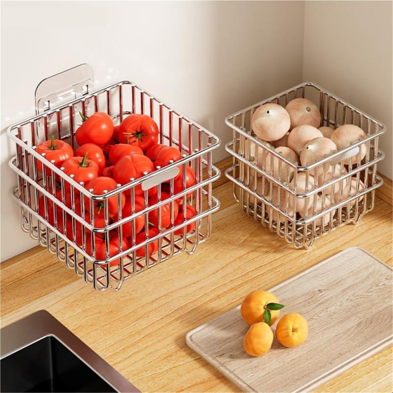 Stainless Steel Wall-Mounted Storage Basket - Adhesive Kitchen Organizer For Fruits, Vegetables & Bathroom Supplies Pour Maison(Square L)