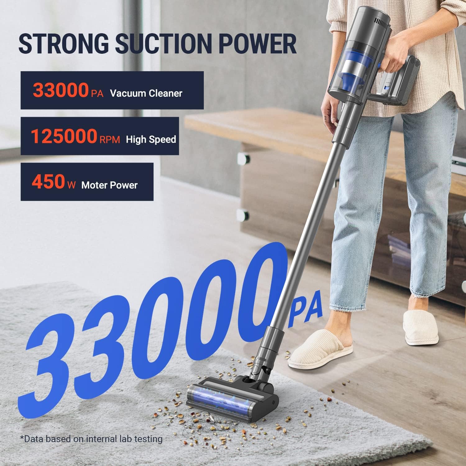 A person using the OSOTEK S11 vacuum on a carpet, with text highlighting 33000Pa vacuum cleaner, 125000 RPM high speed, and 450W motor power.