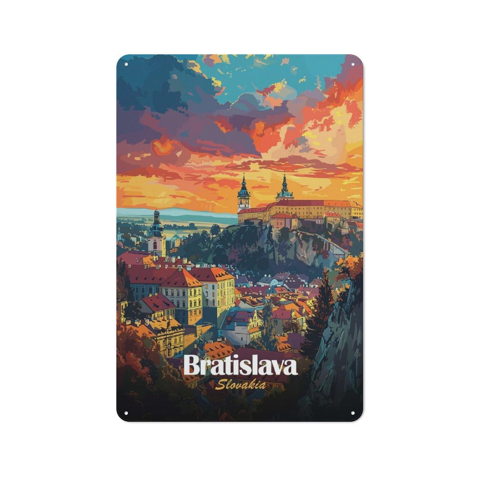 Junmoney Style-20 Bratislava Cityscape Sunset Creative Metal Wall Decor 30X20cm, Decorative Metal Sign For Office, Study, Studio Or Hallway
