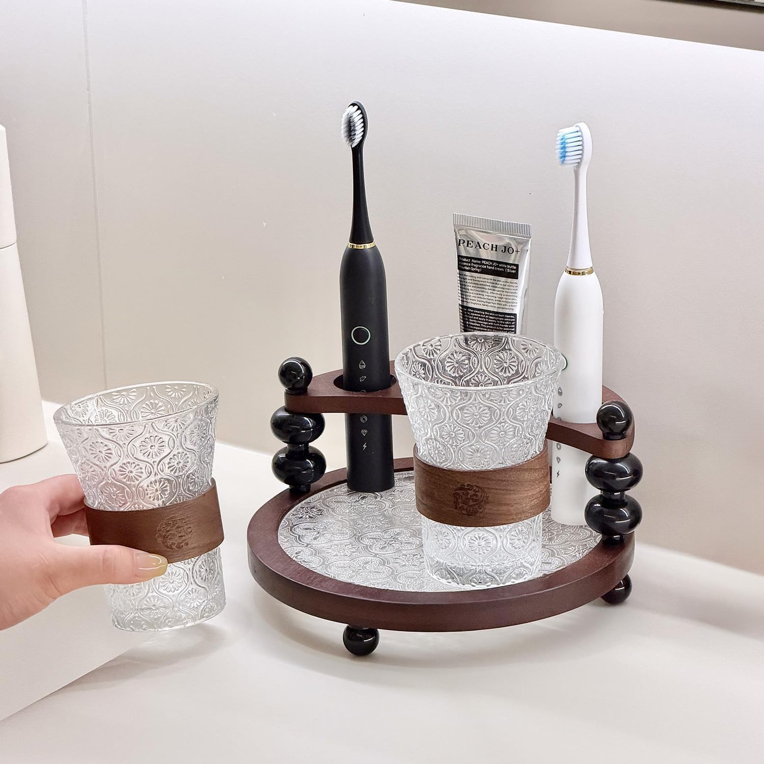 Wood Toothbrush Holders for Bathroom Countertop with Slot & Tray, Bathroom Organizers Toothpaste Holder Ideal Design Caddy for Kids & Family