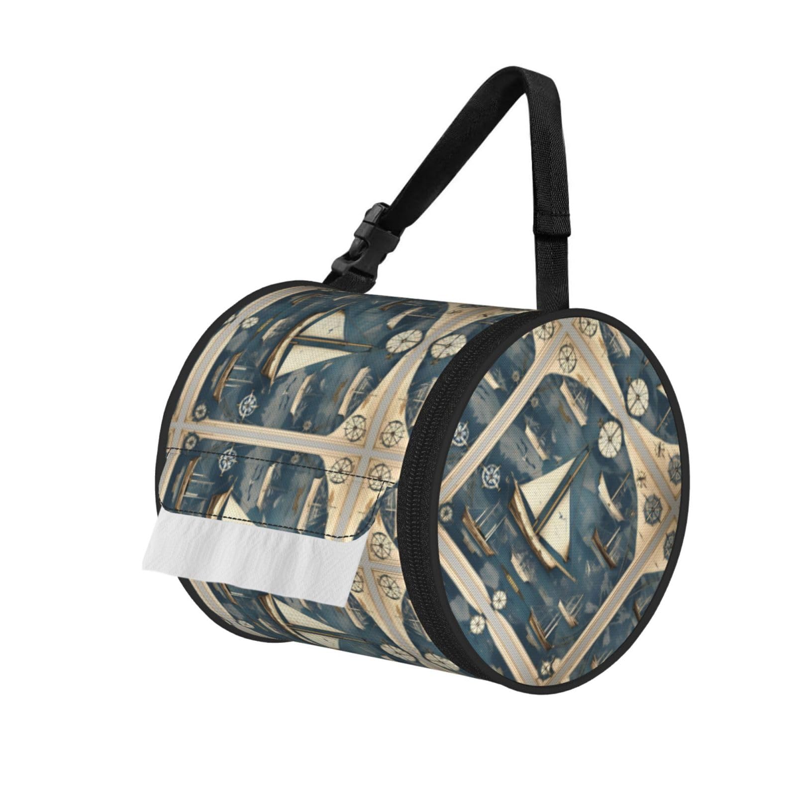 Jiuty Black Nautical Sailboat Map Print Cylinder Tissue Organizer Bag With Strap, Portable Toilet Roll Holder For Camping Car
