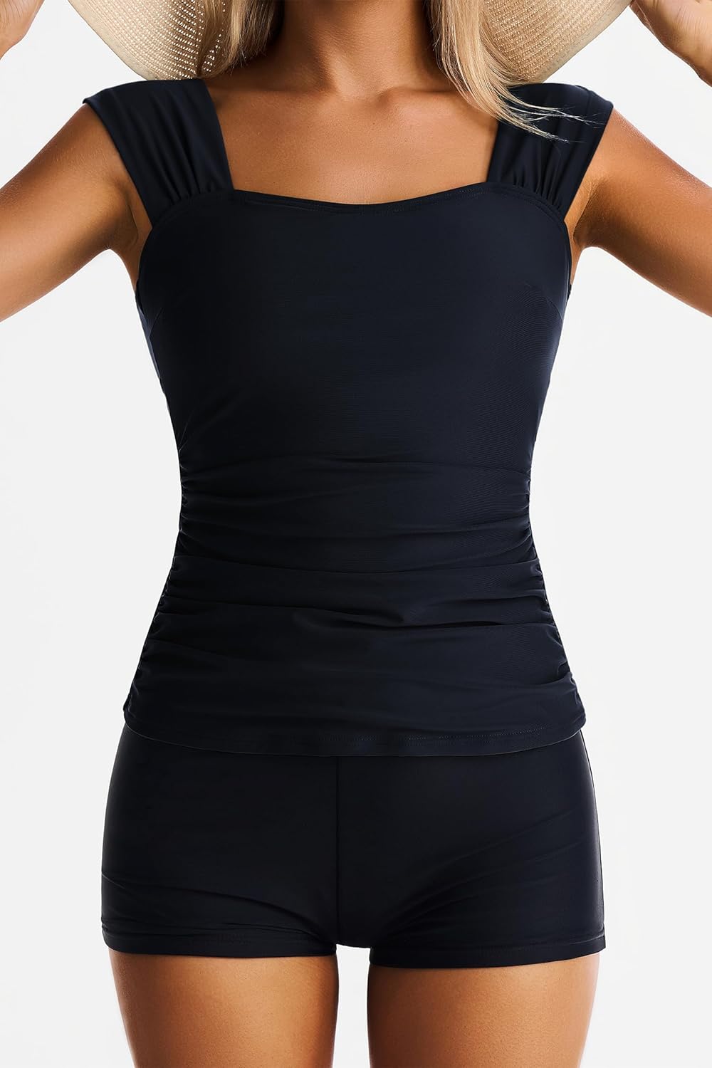 Women's Tankini Swimsuits Tummy Control Modest Two Piece Bathing Suit Wide Straps Retro Swimwear with Short