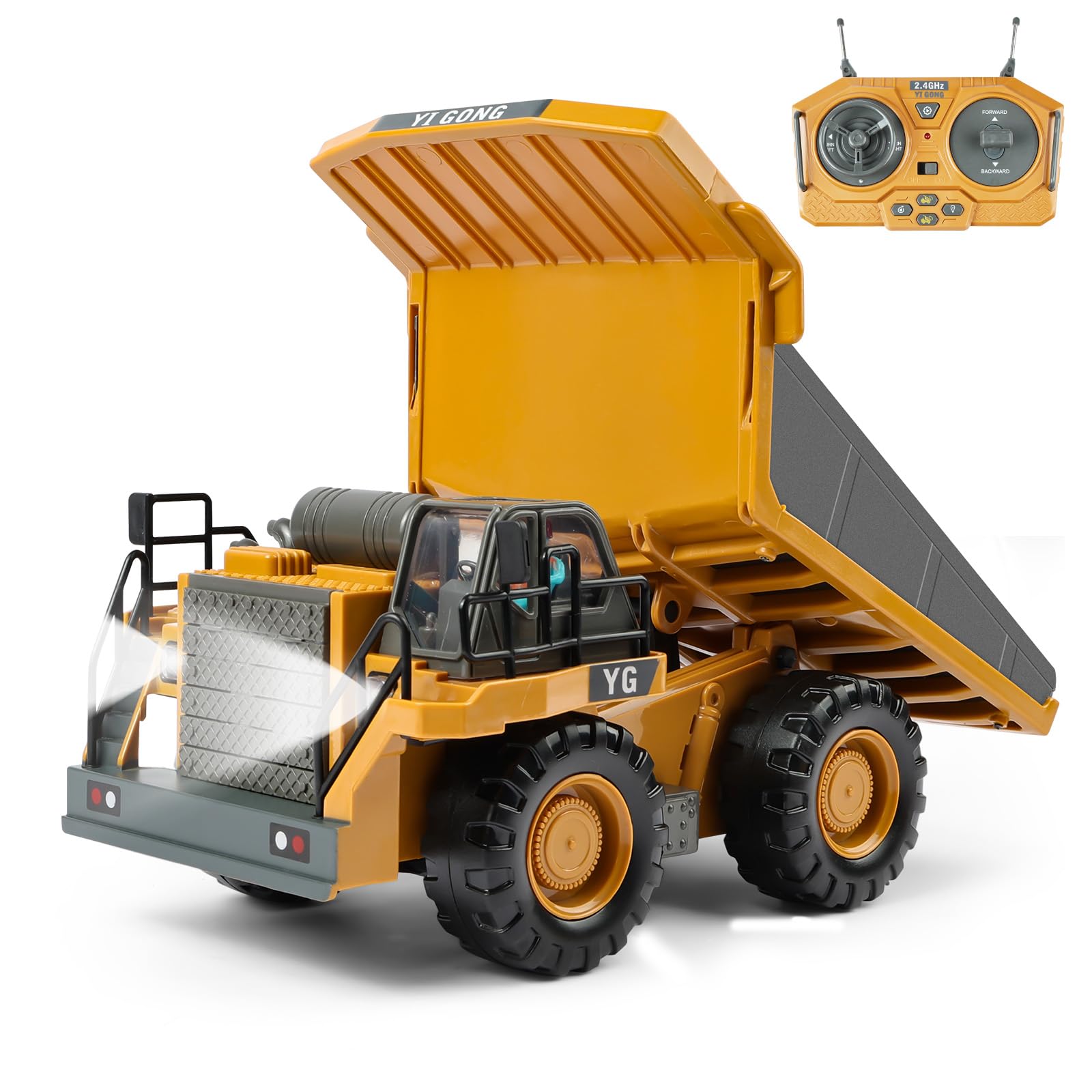 Aolso Camion-Benne Télécommandé, Véhicule de Construction RC pour Enfants, Jouet Tracteur RC 2,4 GHz avec Lumière et Son, 9 Canaux Camion Benne Jouet, pour 3+Ans, Cadeau de Noël et d'anniversaire