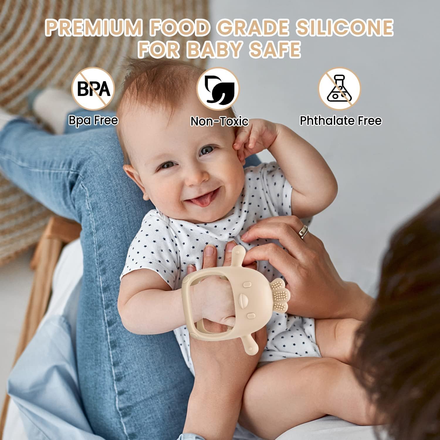 KESI ORNAMENTS Baby Teething Toys, Never Drop Hand Wrist Teether, Baby Chew Toys for Sucking Needs, Silicone Baby Mitten Teether for Soothing Teething Pain Relief, Easy to Grip (Beige) - Image 7 thumbnail