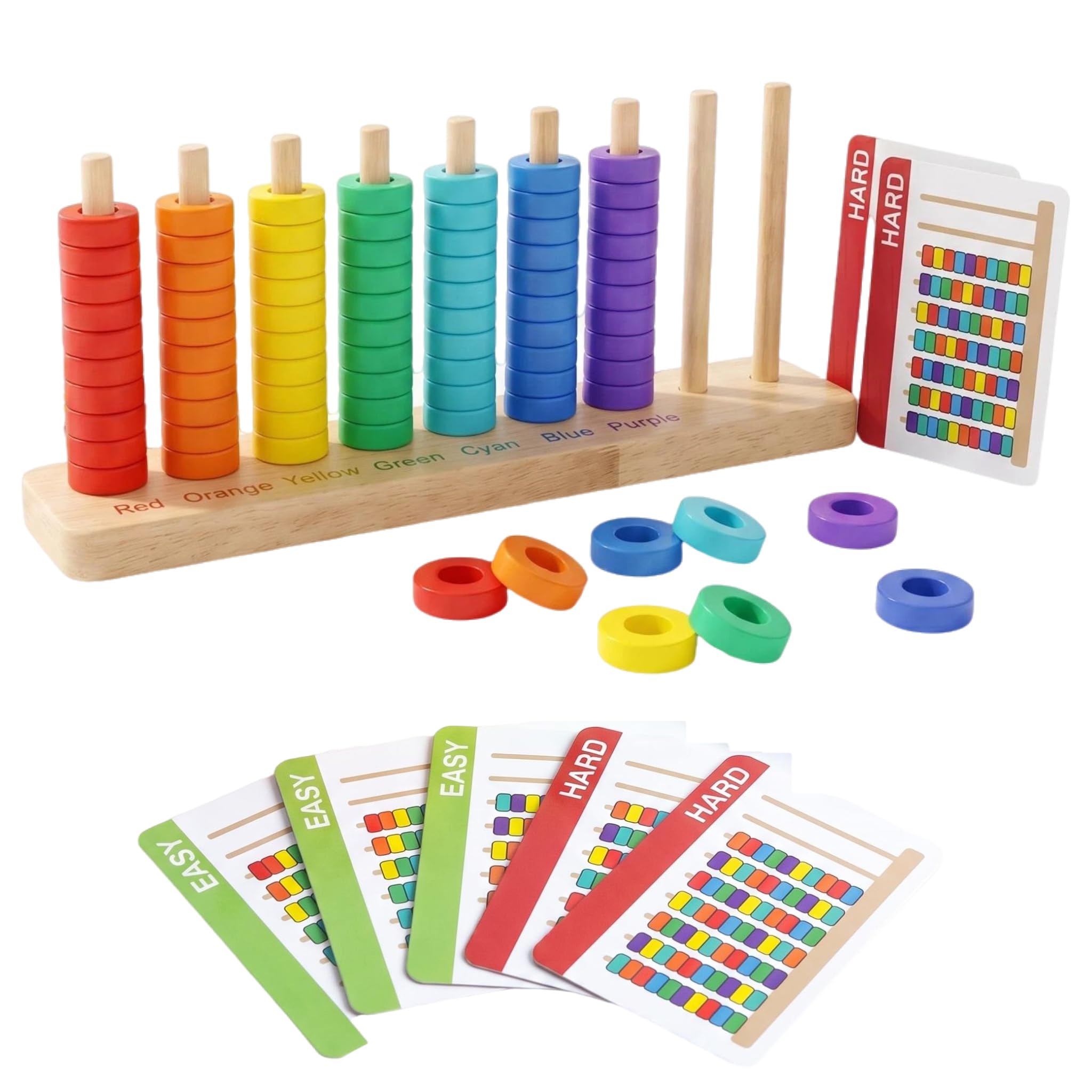 Color Sorting & Stacking Game with Challenge Cards for Kids, Wooden Color Matching Game with 40 Patterns(Easy & Hard), Fine Motor Skills Learning Montessori Toy, Preschool Educational Gift for Kids