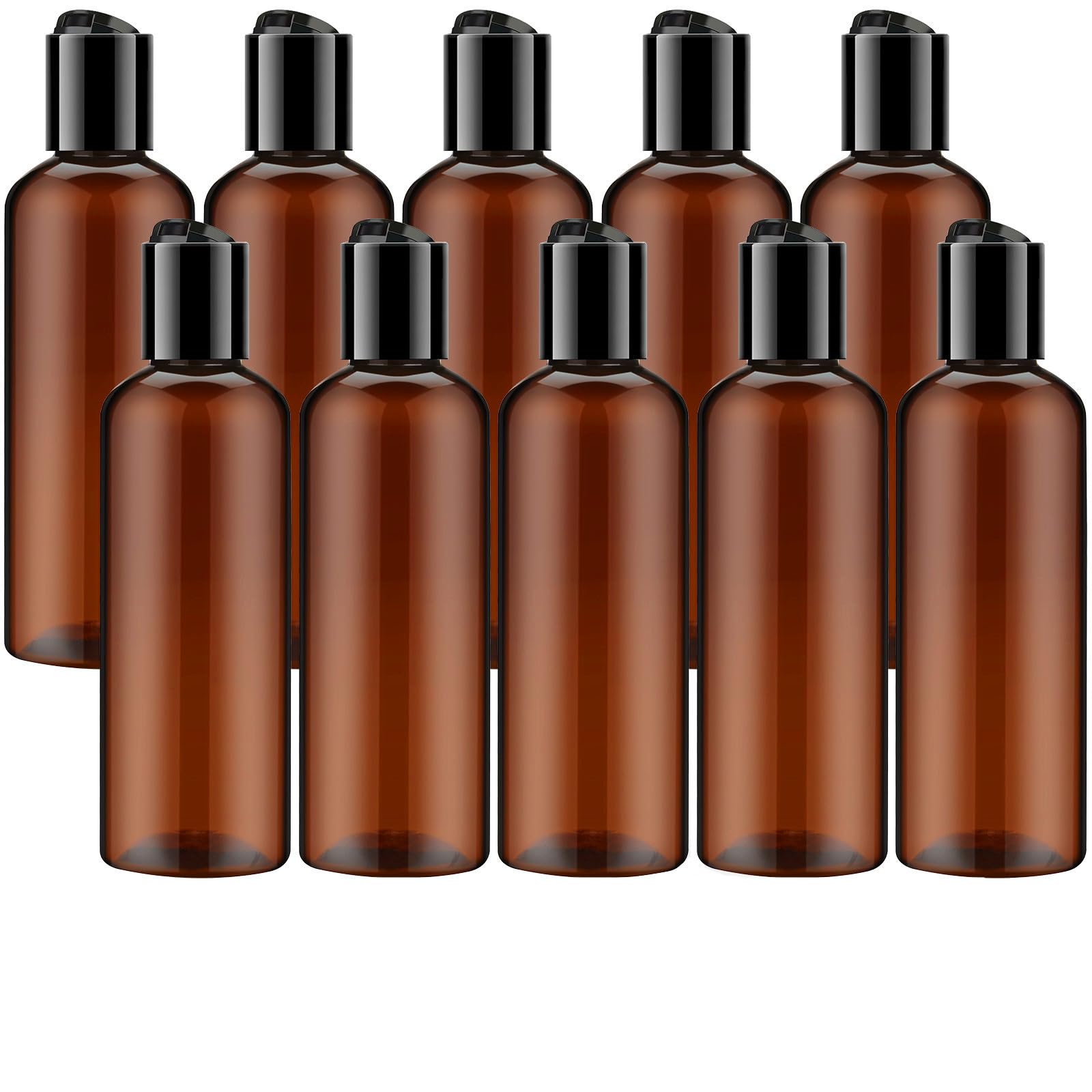 TUZAZO 10 Stück bernsteinfarbene Kunststoff-Reiseflaschen für Toilettenartikel, TSA-genehmigt, auslaufsicher, Reisegröße, leere kleine Kunststoff-Shampoo-Lotion-Flaschen mit Etiketten, 10 Stück