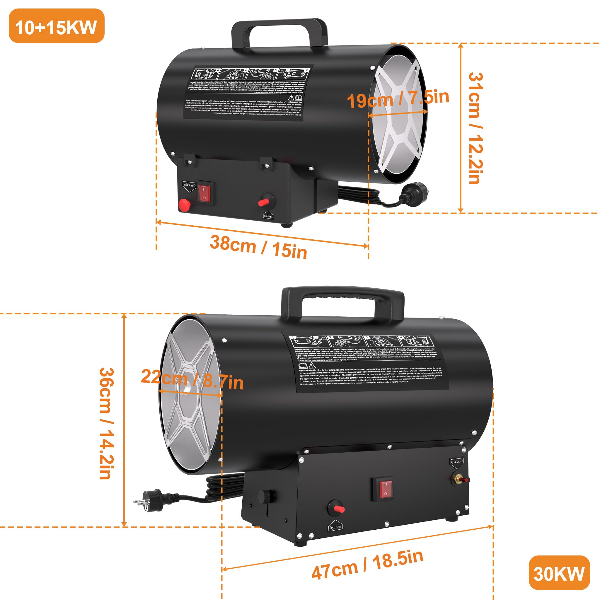 Aufun Gasheizgebläse 30KW 220V Gasheizer Heizkanone Gasheizstrahler | Gasheizung Propangasheizgebläse 650 m³/h Luftdurchsatz, Heißluftgenerator inkl. Gasschlauch & Druckminderer Heizgebläse