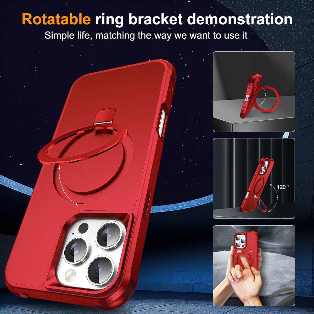 Compatible with iPhone 16 Pro Max Case with Invisible Magnetic O-Ring Stand Military-Grade Case for iPhone 16 ProMax 6.9" [Compatible with Mag-Safe][Great Grip Feeling], Red - Image 2