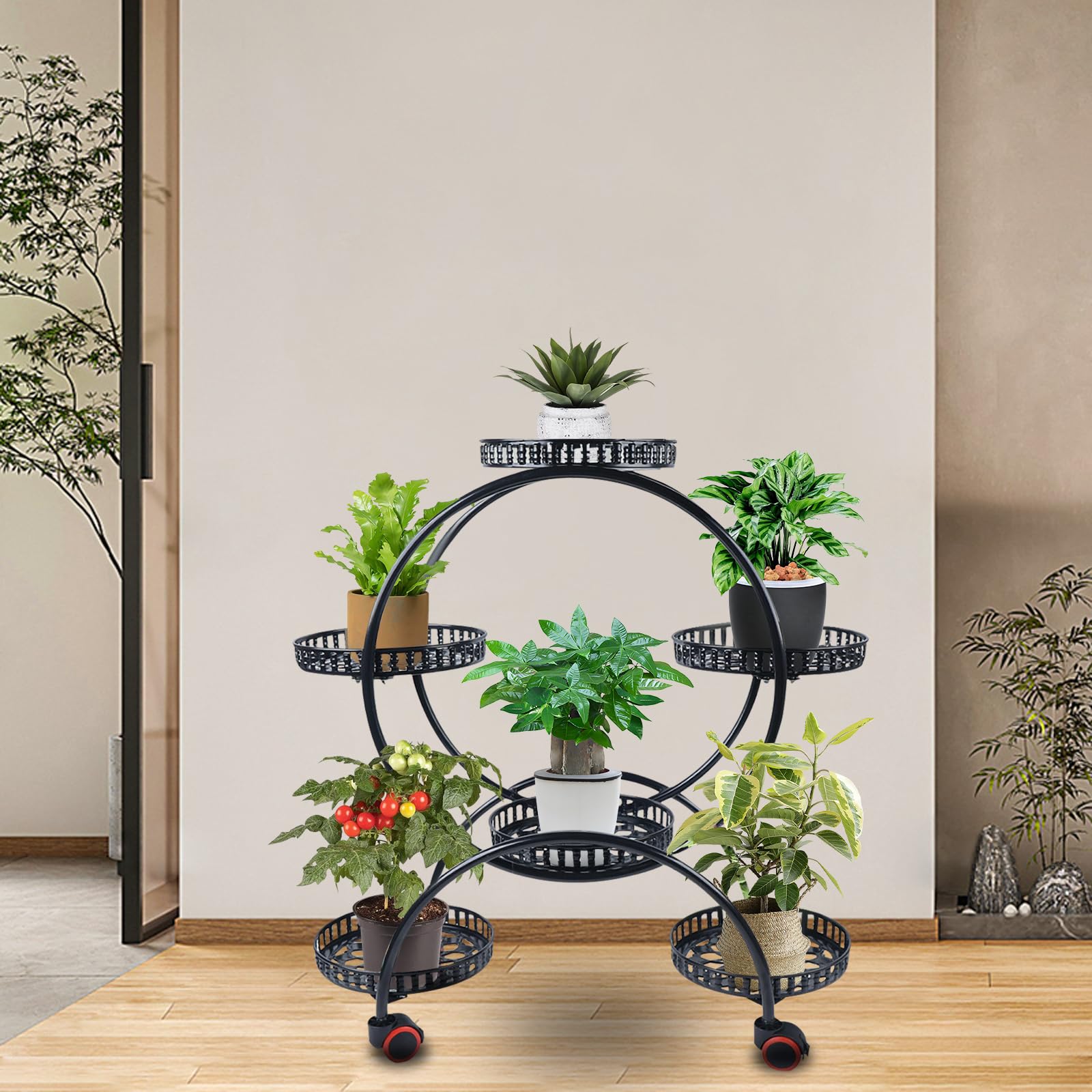Support pour plantes à 4 niveaux et 6 pots de fleurs en métal avec roulettes, étagère pour plantes d'intérieur et d'extérieur pour salon, jardin et balcon