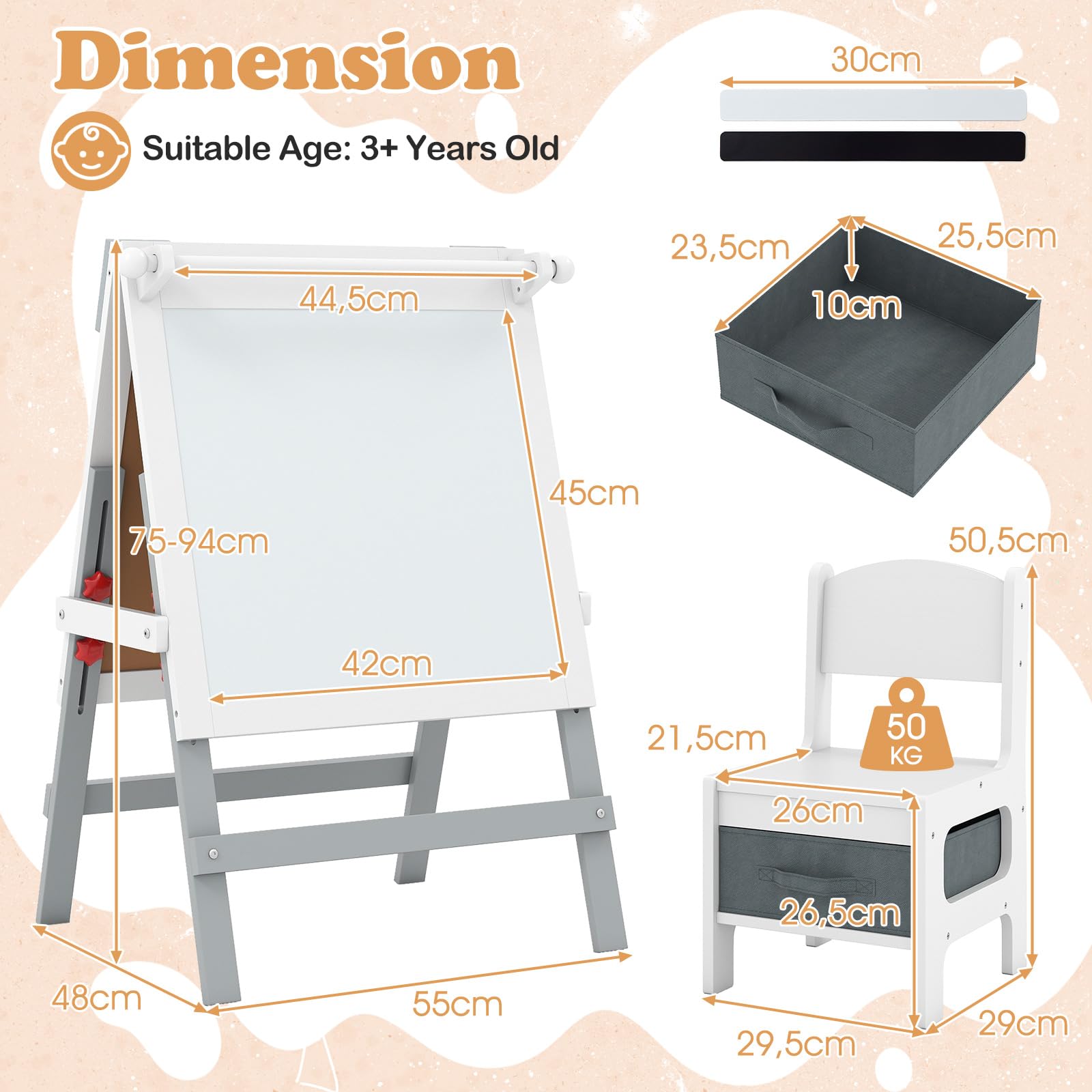 COSTWAY Kinder Staffelei mit Stuhl, höhenverstellbare Kindertafel mit Kreidetafel & Whiteboard, Doppelseitige Spiel-Tafel mit Magnetleisten & Stoff-Aufbewahrungskorb, für Kinder ab 3 Jahren (Grau)