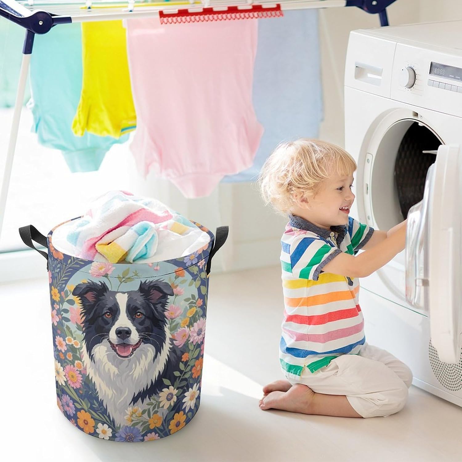 Border Collie Florals Laundry Bag Large Collapsible Laundry Baskets Freestanding Waterproof Clothes Hamper with Handles & Drawstring for Laundry Room Bedroom Bathroom