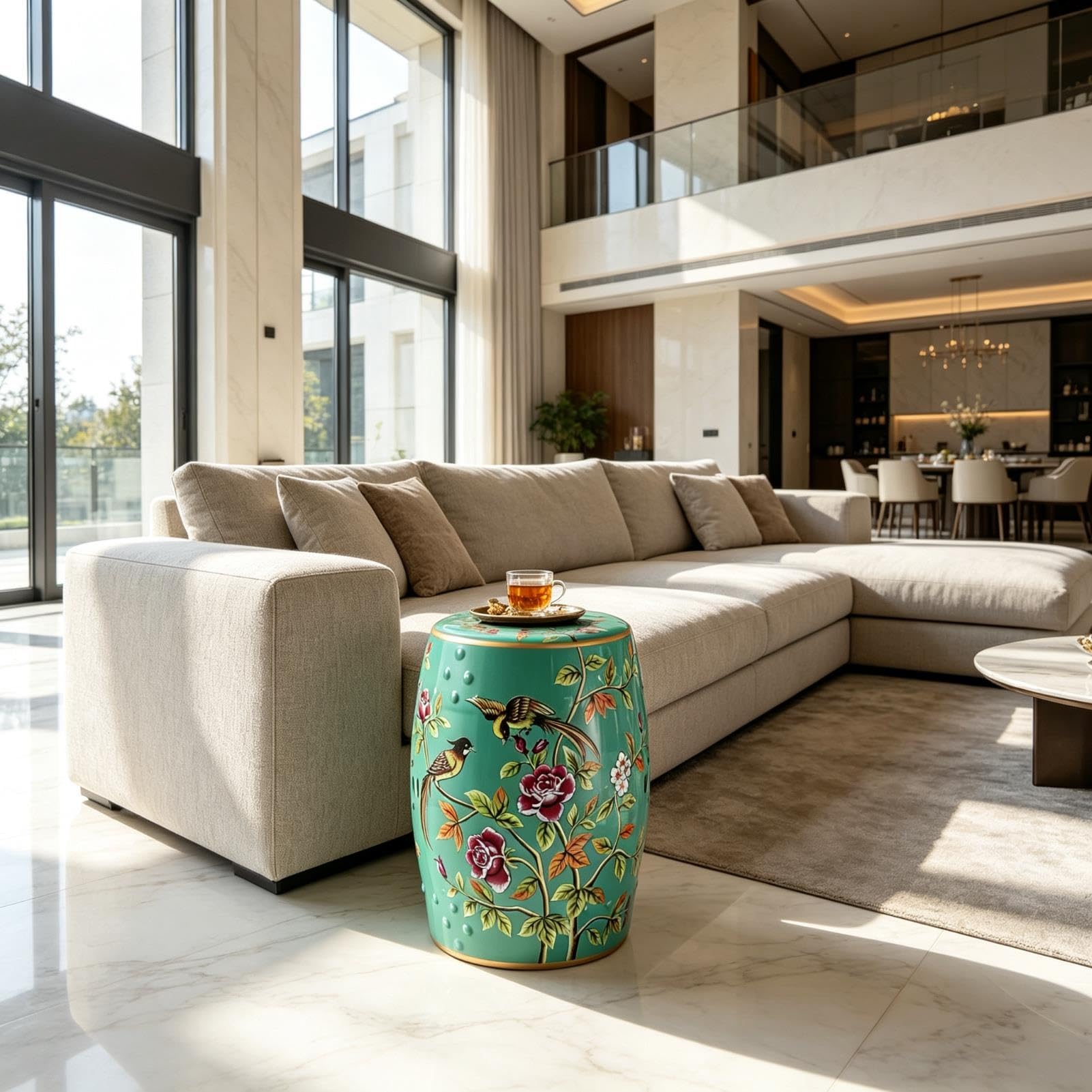 Ceramiczny Stołek Ogrodowy, Stołek Perkusyjny Z Motywem Kwiatowego Ptaka Chinoiserie, Stolik Boczny Z Akcentem Na Patio Na Zewnątrz, Do Salonu, Ogrodu, Balkonu(Green)