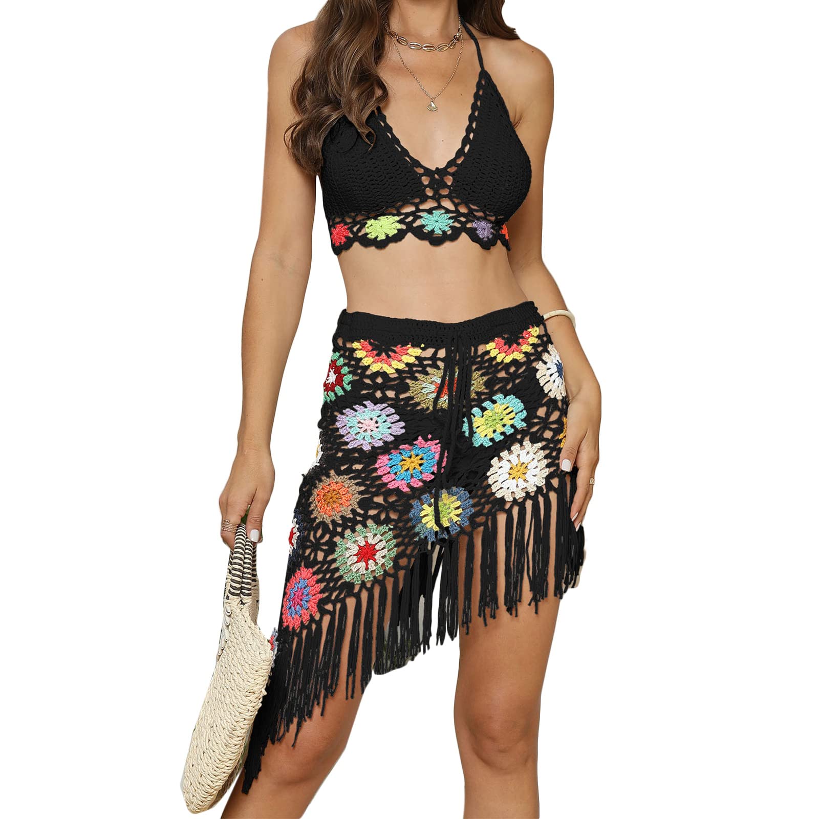 Mujeres Hecho a Mano Crochet Borla De Punto Bikini Conjunto Sin Mangas Hueco Núcleo Top Top Cintura Slips Traje De Baño