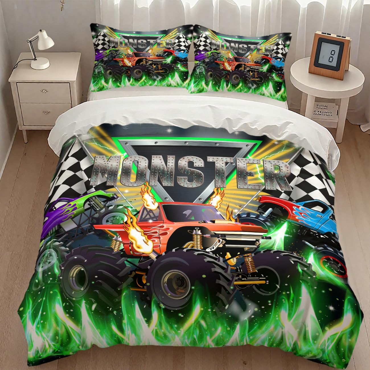 Racing Car Bedding Duvet Cover Set for Boys,Cartoon 3D Fleet Racing Car Stadium Game Cool Green Flame Monster Truck Bedding Comforter Set with Pillowcase,Twin 86"x70"