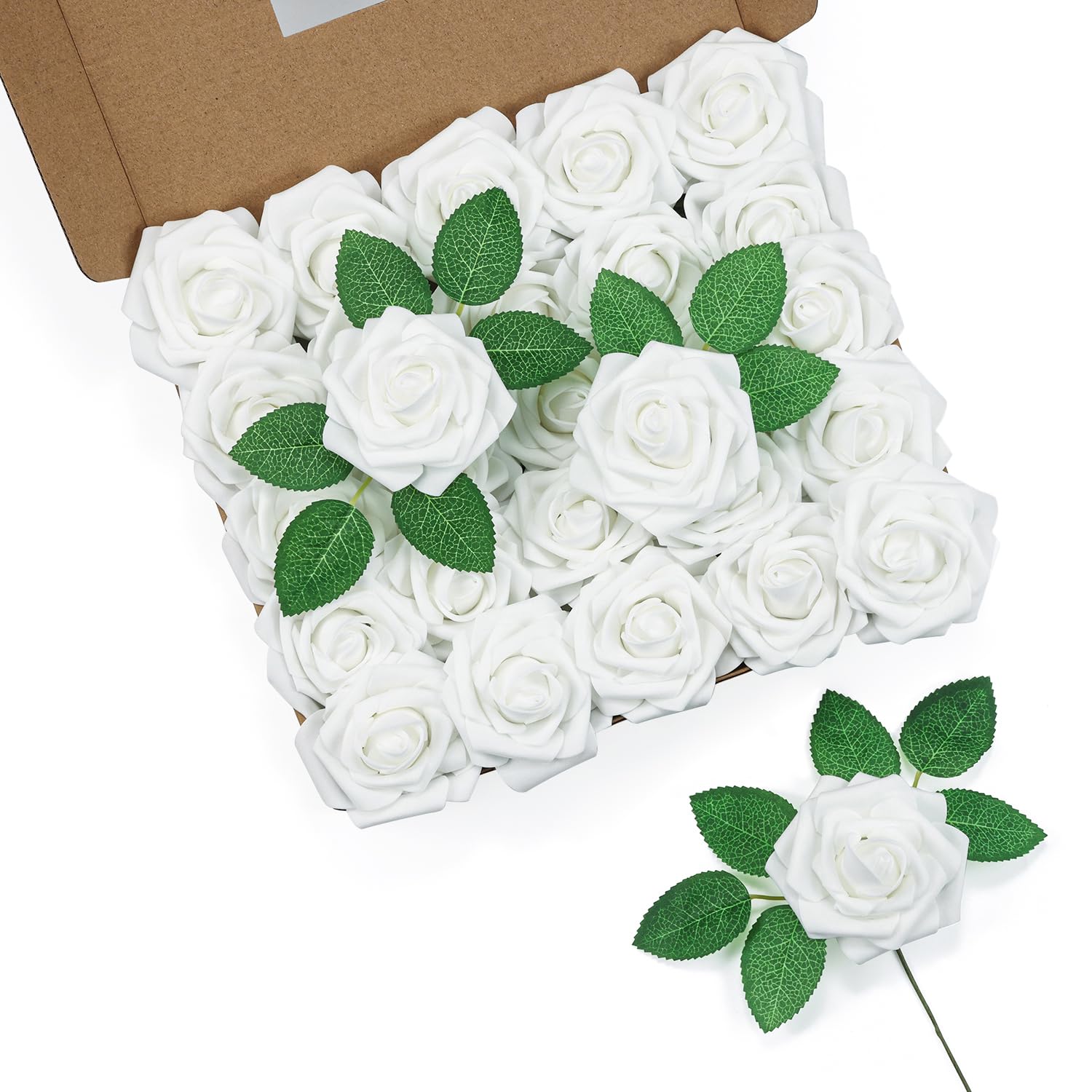 LEUCHTAMOR 25Pcs Artificial Roses Flowers Ivory Foam Roses Real Touch Fake Rose Heads for DIY Flower Garland Baby Shower Wedding Bridal Bouquets Table Floral Arrangement Party Home Decoration