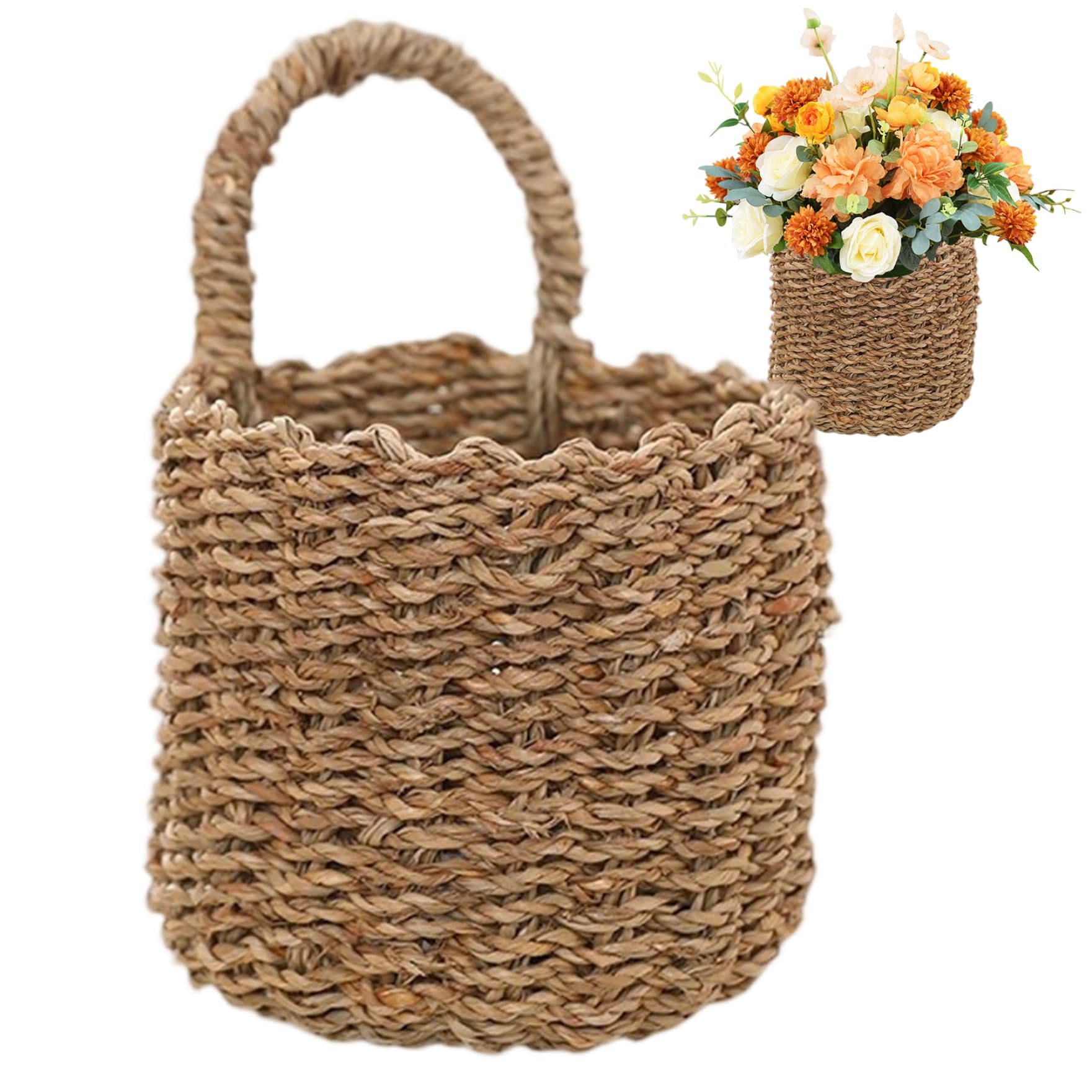 CAKEEYUM Boho Style Woven Small Front Door Basket for Organising with Sturdy Handle Hanging Basket for Kitchen Pantry Front Door