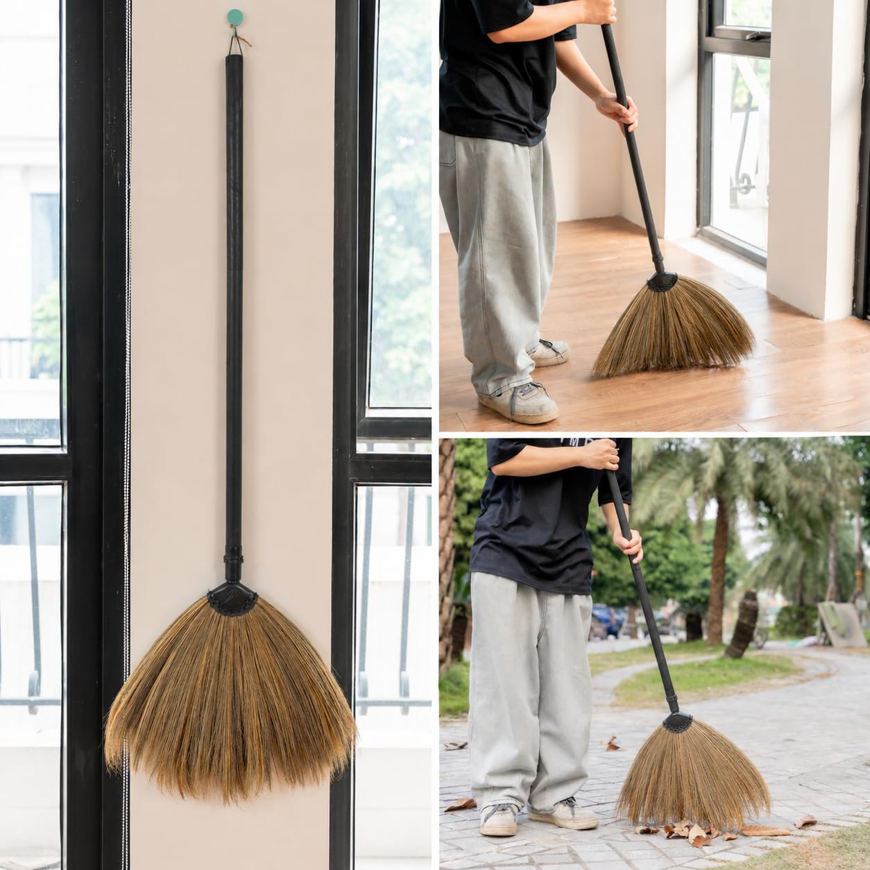 Scopa per erba con manico nero, 2 pezzi, scopa vietnamita fatta a mano in paglia con setole morbide per pavimenti interni, cucina, soggiorno e esterni