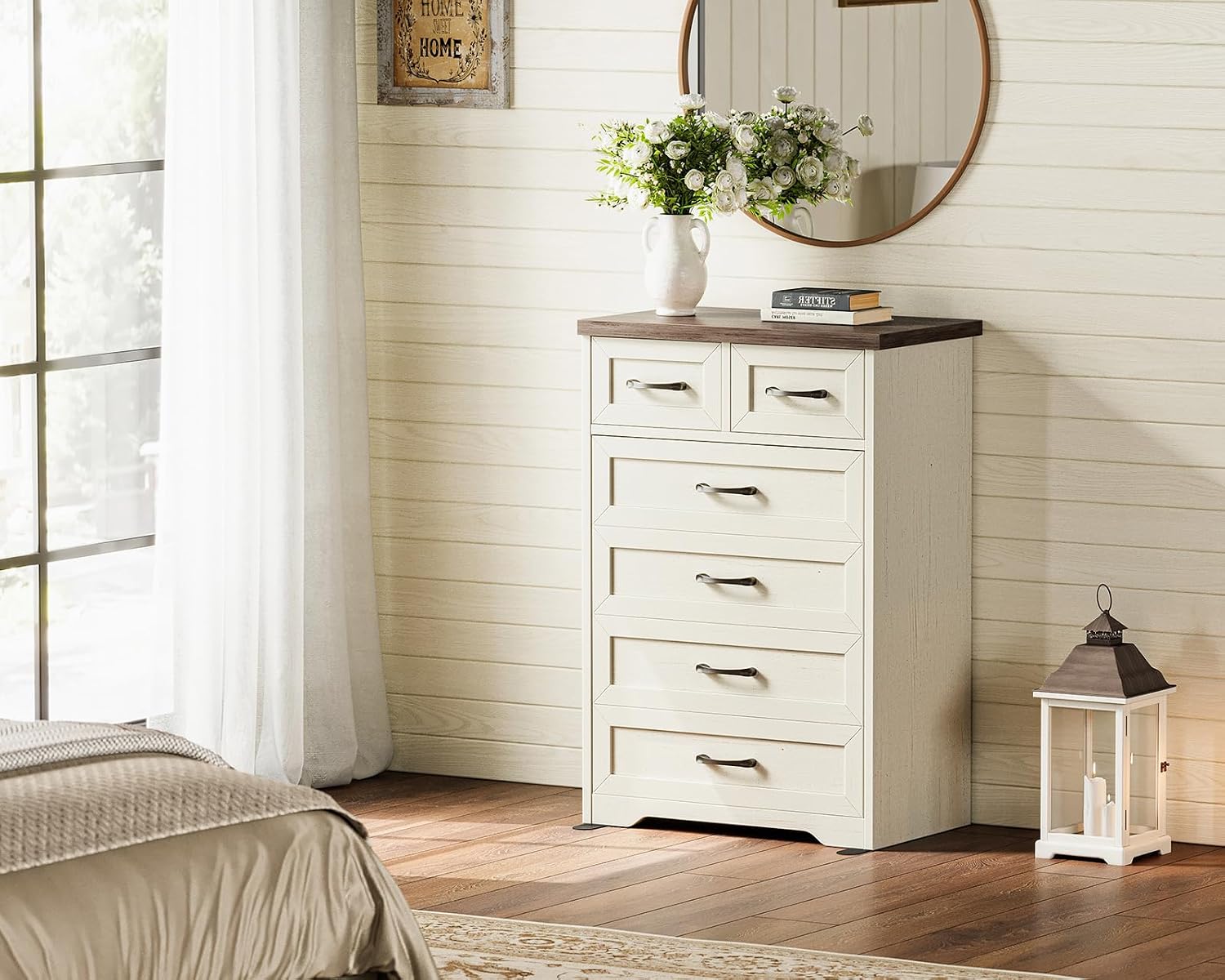 AODK Farmhouse Tall 6 Drawer Dresser for Bedroom, 5-Tier Vertical Storage Chest with Mixed Drawers, Engineered Wood Frame with Anti-Tip Safety, American Country Furniture, Walnut & Vintage White