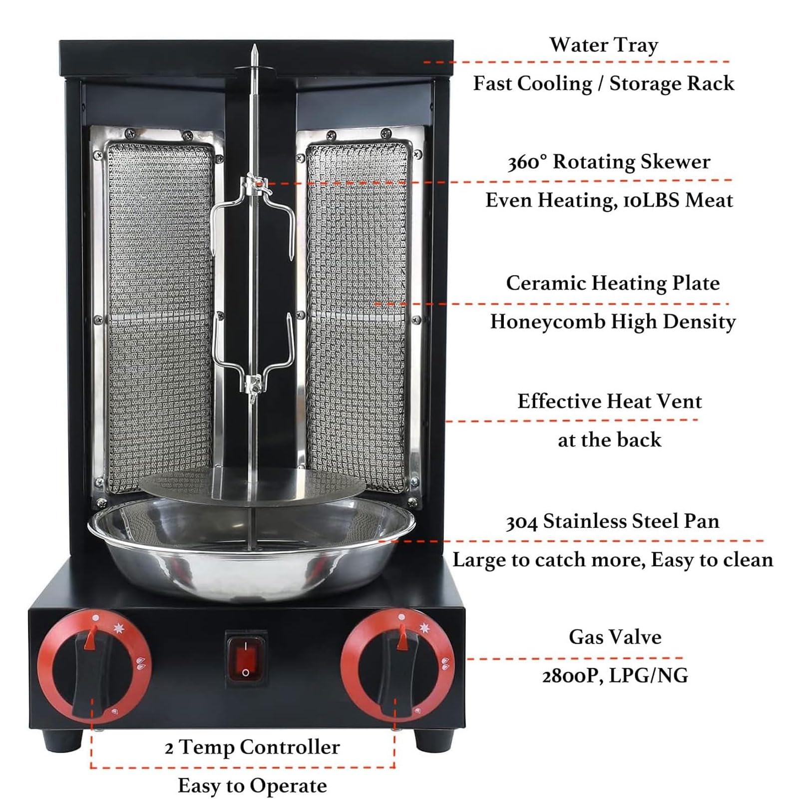 Griglia per girarrosto verticale a gas, in acciaio inox a 2 fuochi, temperatura regolabile, pressione gas 2800p, macchina automatica Shawarma per cucinare all'aperto