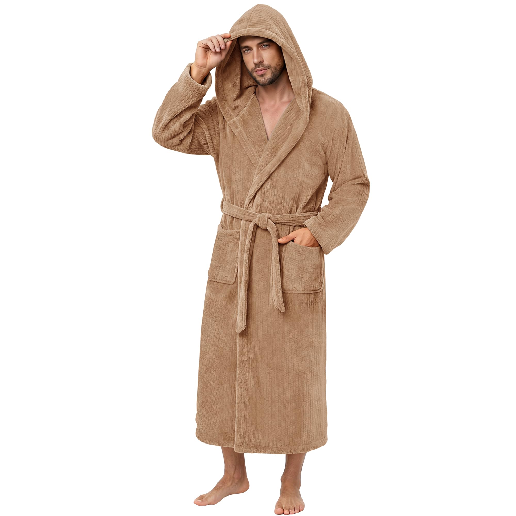 Bata de baño para hombre con capucha absorbente y larga suave 7