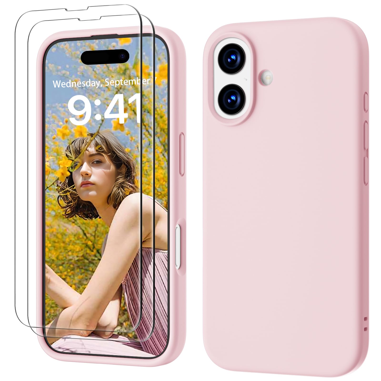 GOODVISH 3 in 1 Silicone Cover per iPhone 17 6.3", Custodia con 2 Pellicola Vetro Temperato [Protezione Fotocamera] 360° Protezione Anticaduta Case per Cellulare Antiurto Resistente, Rosa Sabbia