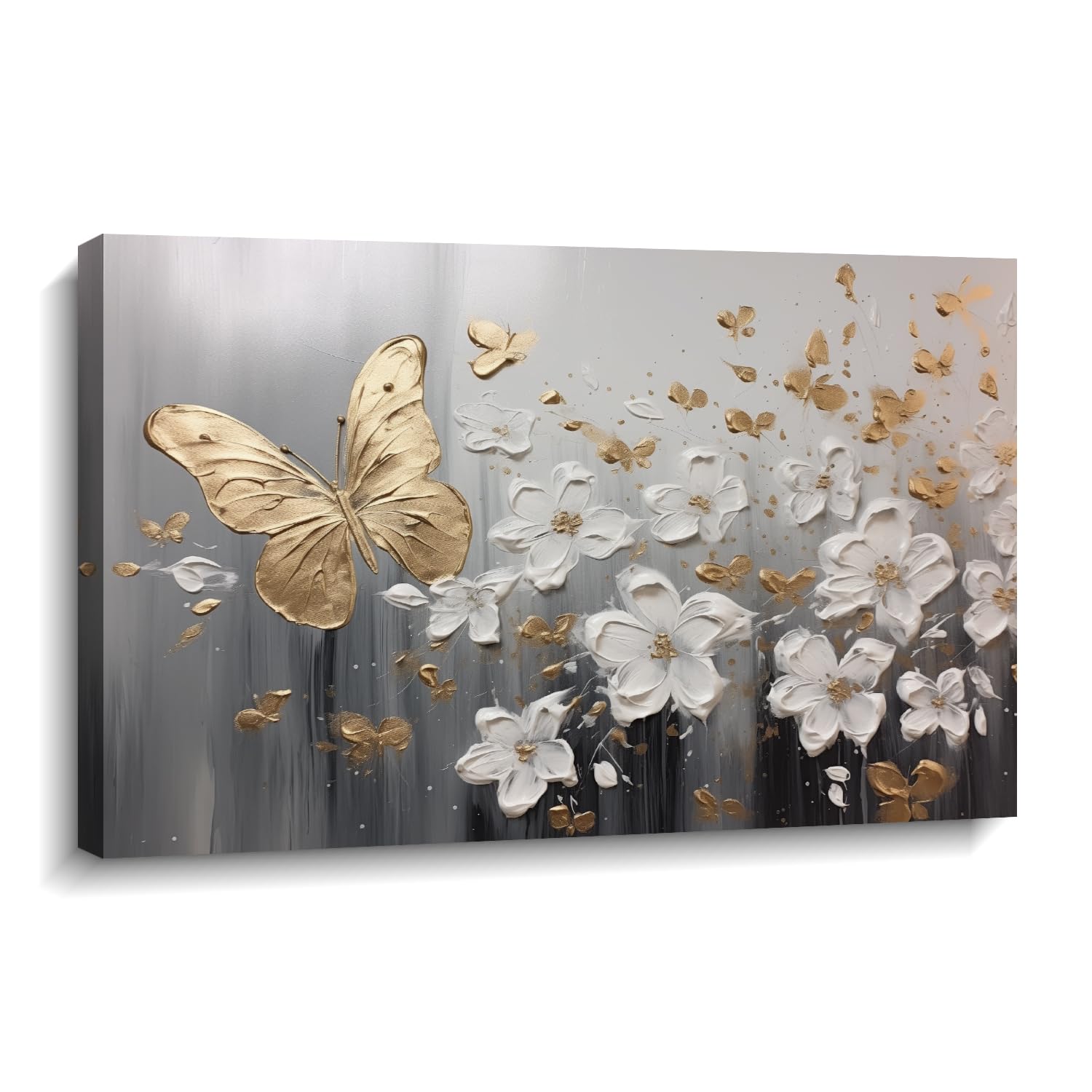 LYUNSHUO Flowers Canvas Wall Art White Floral Pictures Gold Butterfly Oil Painting Prints Gray Poster Framed Artwork for Living Room Bedroom Home Office Decor Gallery Wrapped(Flower-4,28.00"x42.00")