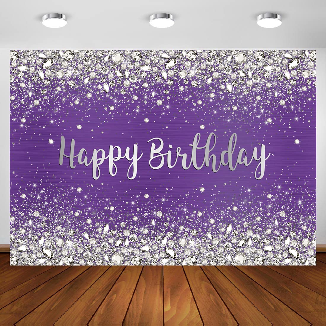 Aperturee 10x7ft Glitter Purple Diamonds Happy Birthday Backdrop Shinning Silver Bokeh Dots Women Girls Photography Background Sweet 16 Party