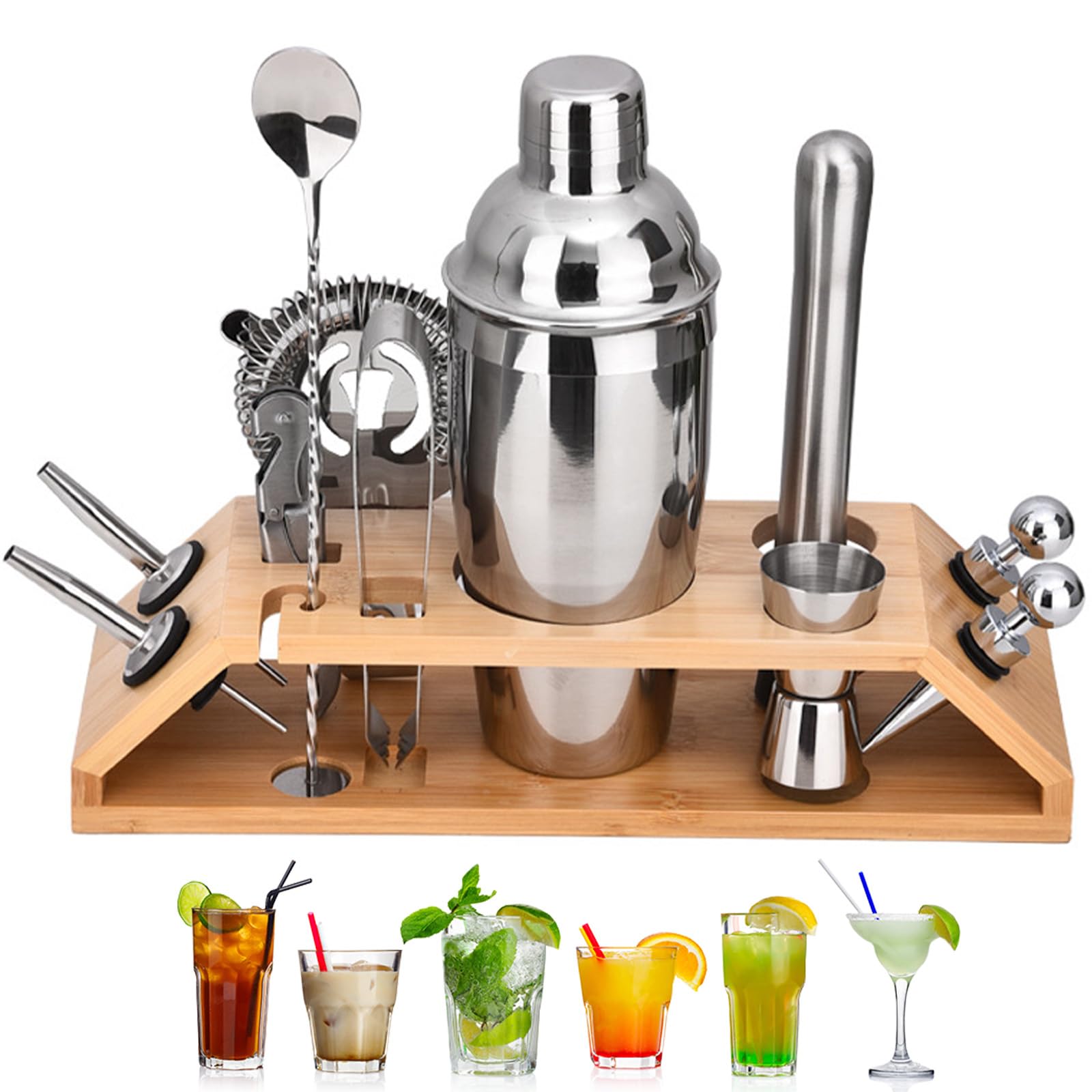 12-częściowy zestaw shakerów do koktajli z drewnianym stojakiem, 750 ml/25 uncji zestaw do mieszania koktajli ze stali nierdzewnej, zestaw do przygotowywania koktajli do domu, baru, prezent, zestaw