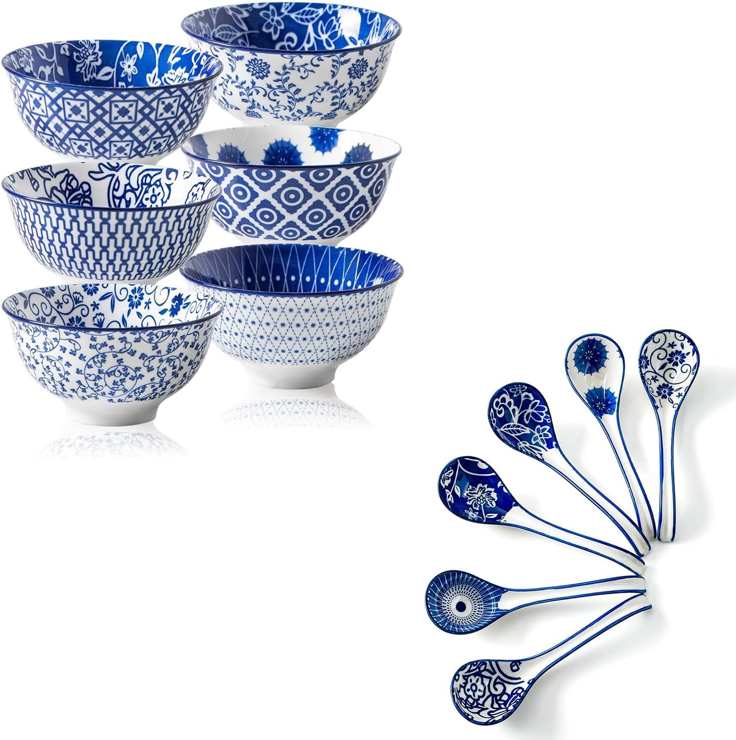 12 Pieces Ceramic Dinnerware - 12 Oz Dessert Bowls and 6.3 Inch Soup Spoons - Service for 6 - Vintage Blue