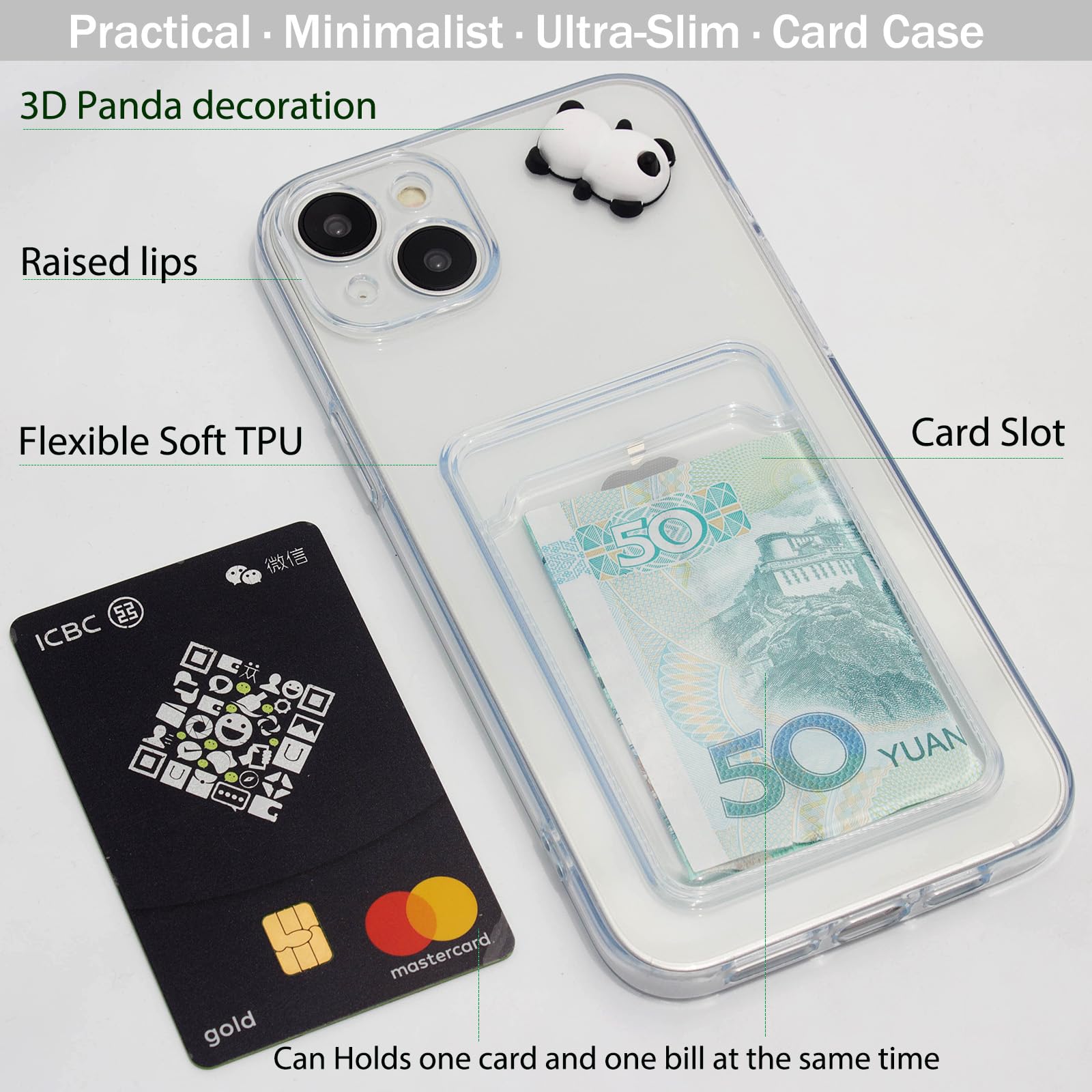 Chengyuanfeng Cover Trasparente per iPhone 14 Plus con Porta Carte, Custodia Ultra-Sottile 1,5 mm in TPU Antigiallo Antiurto, Minimalista Portafoglio con 3D Panda Applicato a Mano, Studenti e Campus