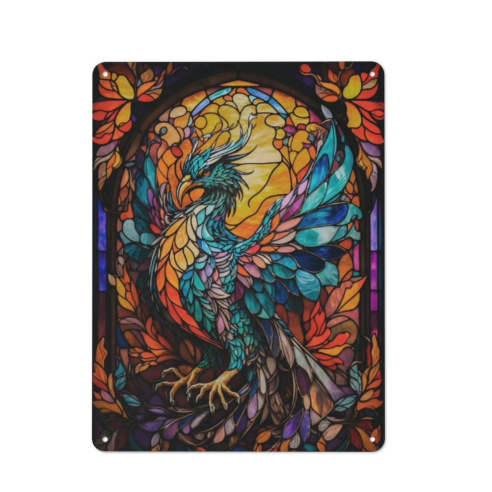 Phoenix Stained Glass Country Vintage Metal Wall Decor 40x30cm, Country Metal Sign for Kitchen, Cottage, Porch Or Garden Room