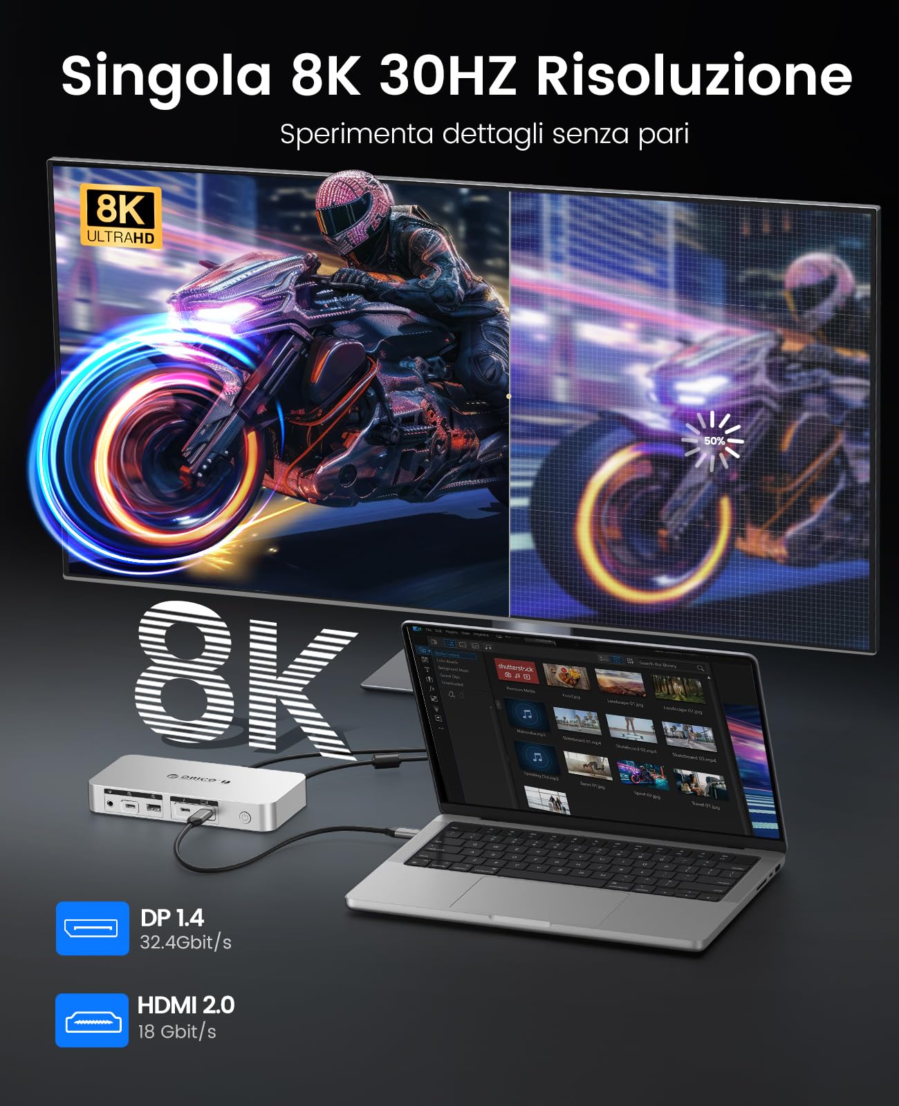 ORICO Thunderbolt 4 Dock 12 in 1 40 Gbps, 85 W + 15 W PD ricarica, doppia 4K/singola 8K, 4 USB, Gigabit Ethernet, SD/TF, AUX, certificato Thunderbolt per M4 MacBook Air & Pro