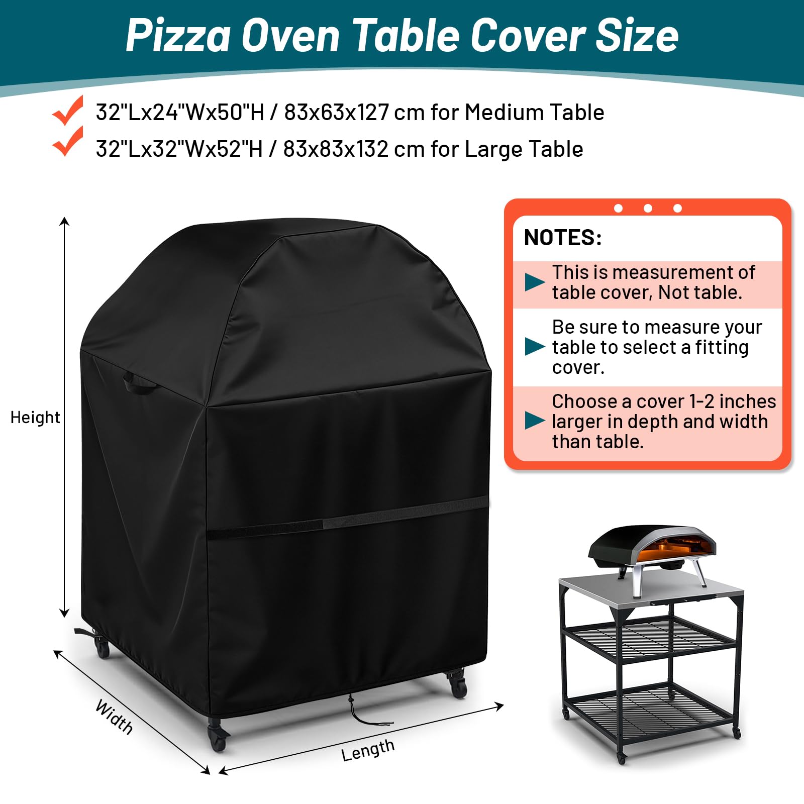 Copertura per forno da pizza da esterno per forno Ooni e tavolo grande | Copertura impermeabile per tavolo da barbecue per pizza (solo copertura), 83 x 83 x 132 cm, nero