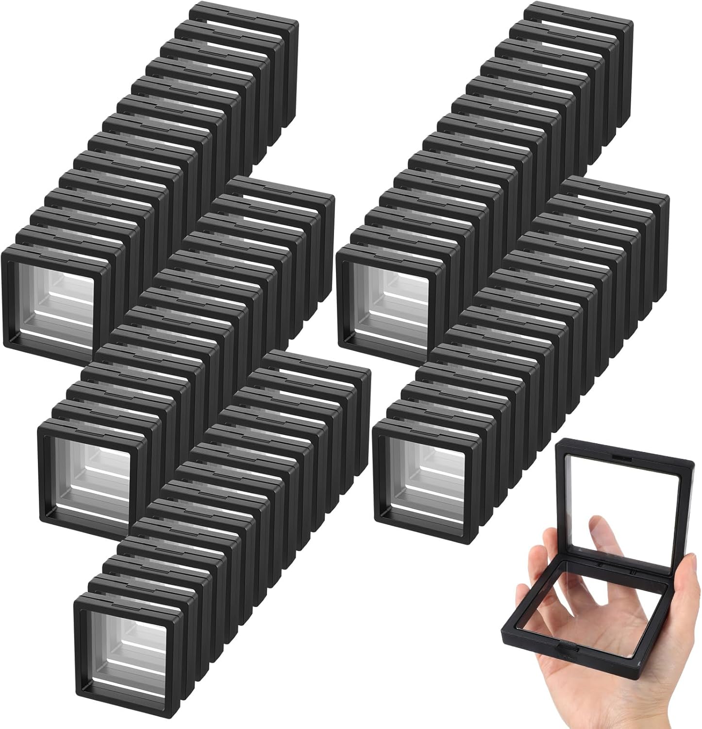 Kifmurase 100Pcs 3D Floating Display Case 2.8 x 2.8 x 0.8 Inch Black Coin Frame Display Stands for Antique Challenge Coin Shells Rocks Gems Medallion, Floating Display Holder Stands for Collectibles