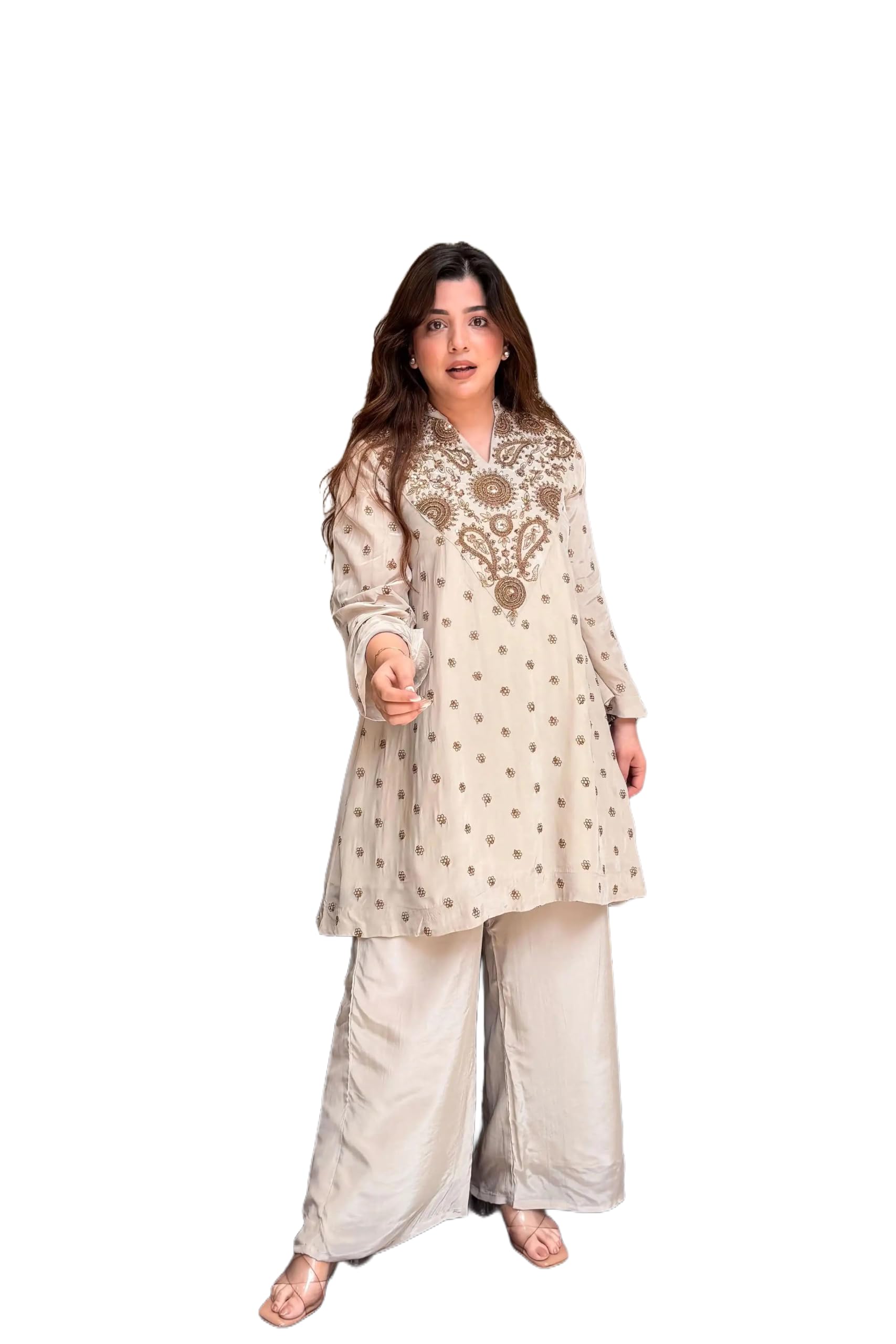 Cream Embroidered Kurta and Palazzo Set for Women-image-11