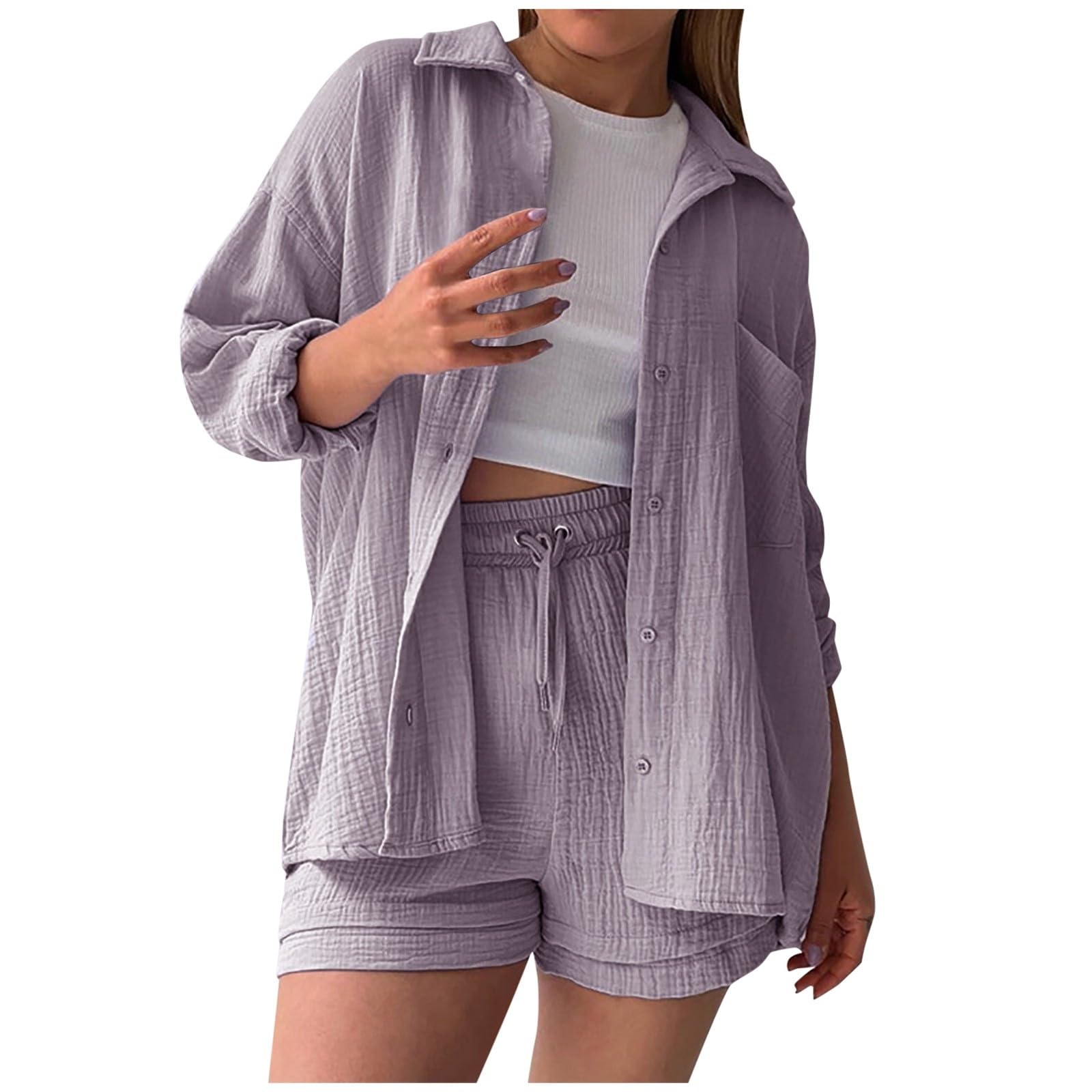 Generisch Conjunto de pantalones cortos de manga larga para mujer, conjunto de dos piezas