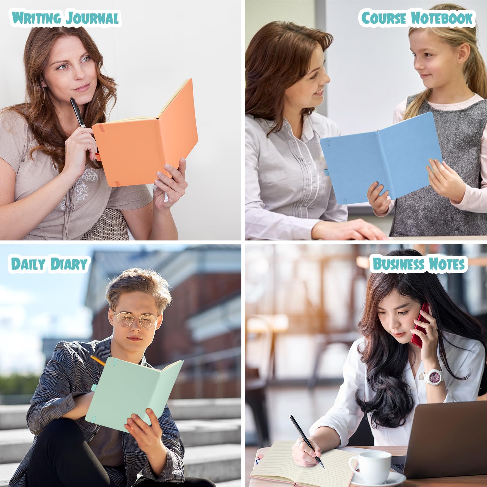 Laumoi Paquete de 14 cuadernos rayados de 5.5 x 8.2 pulgadas, cuaderno de tapa dura A5, bloc de notas con rayas universitarias con soporte para bolígrafo, diarios rayados de piel sintética para