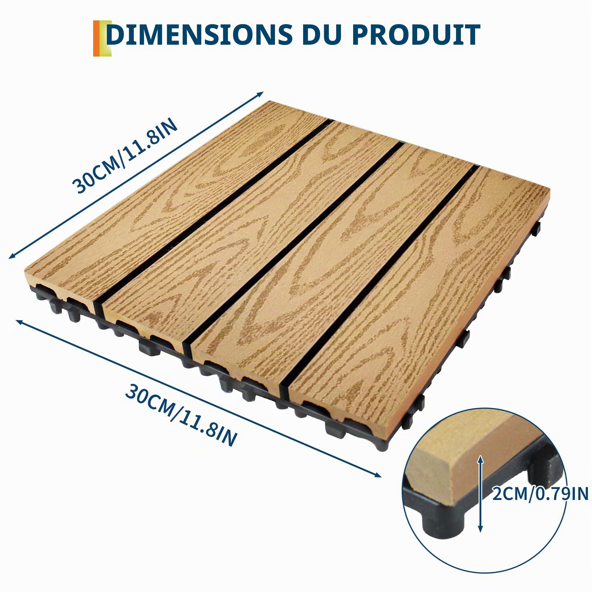 Dalles de terrasse clipsables en composite imitation bois,30 * 30cm Étanches et antidérapantes Idéal étenduérieur/intérieur Pour balcon, jardin, piscine, patio (Couleur teck, Lot de 9)