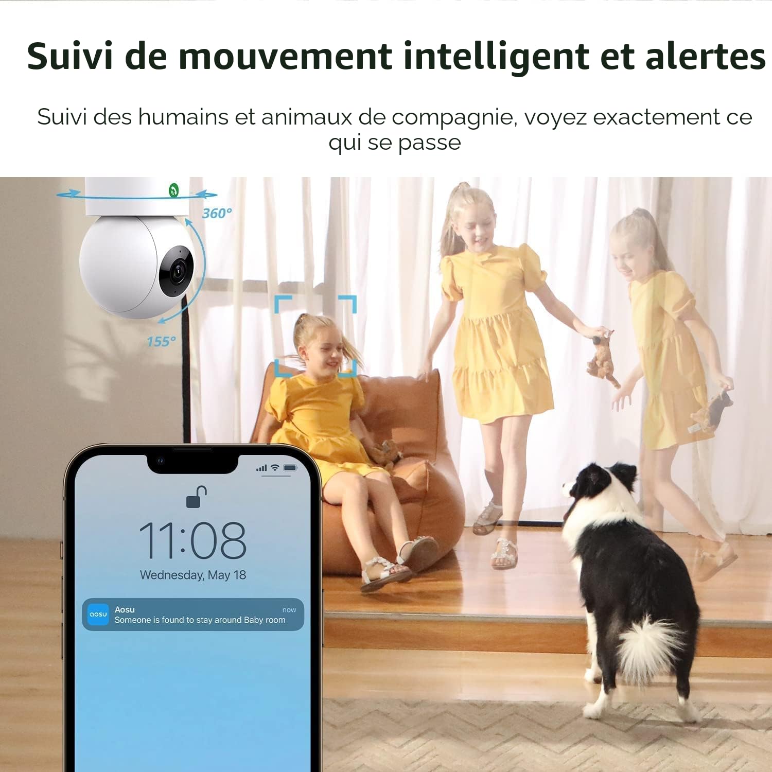aosu 4MP 2,5K Caméra Surveillance WiFi Intérieure, 5G/2.4 GHz WiFi, Appels à Une Touche, Suivi de Mouvement à 360°, Détection Humaine AI, Compatible avec Alexa pour Bébé/âgées/Animaux