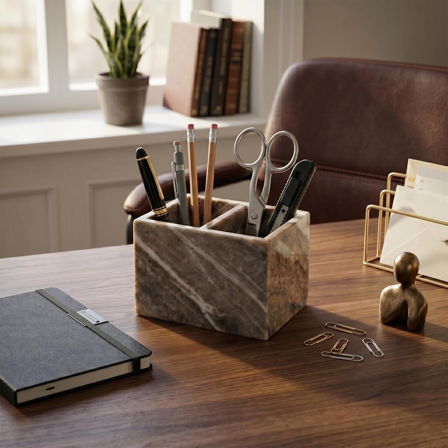 Luxury Natural Marble Pen Holder, Dual Compartment Desk Organizer image 2