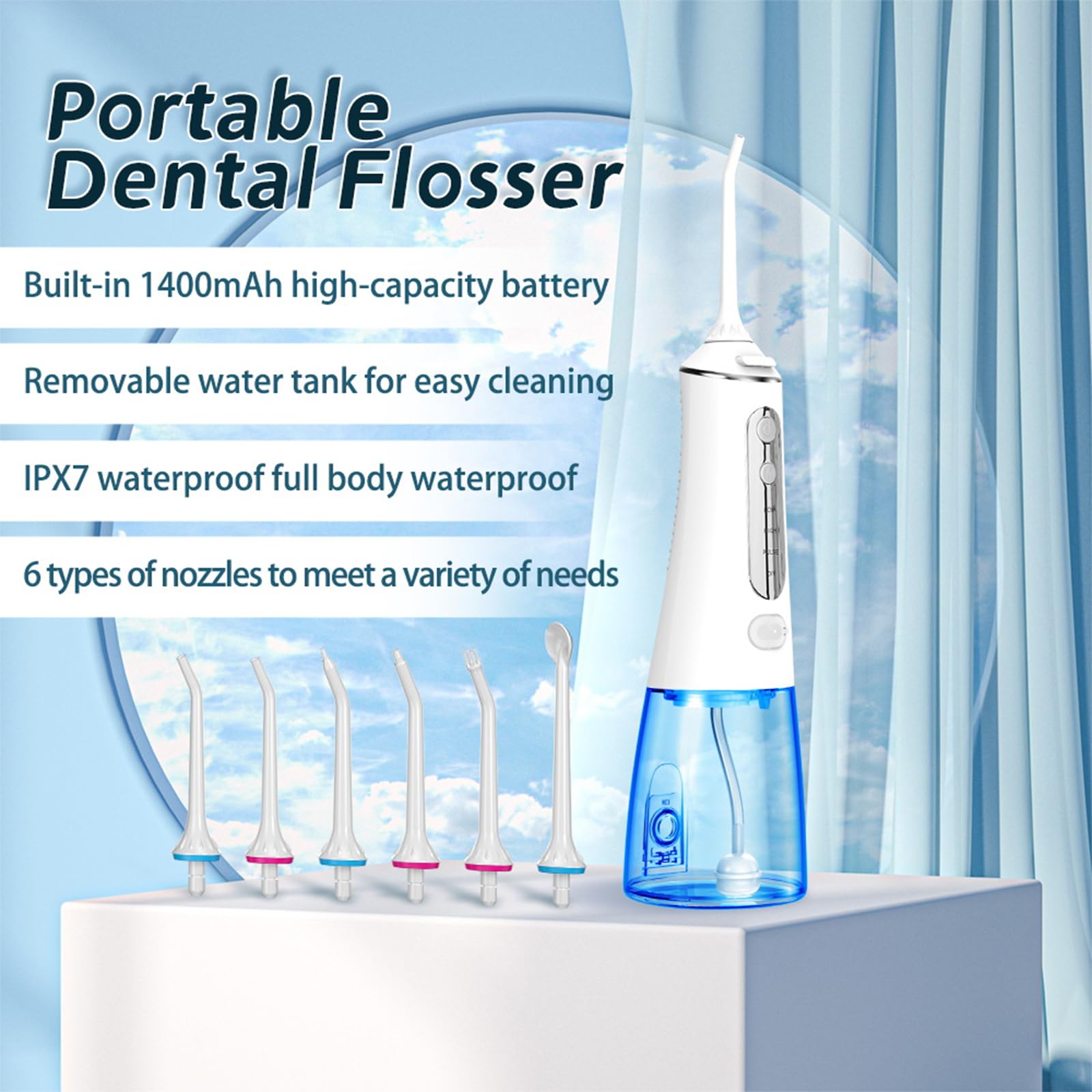Idropulsore portatile senza fili per denti, 4 modalità 6 punte a getto per la pulizia del filo interdentale, IPX7 impermeabile ricaricabile Irrigatore Idropulsore per acqua orale