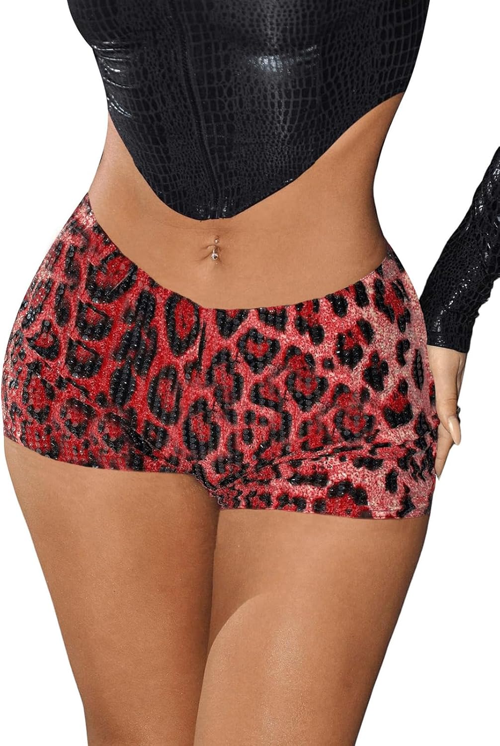 KIRJAUDU Women's Leopard Print Sequin Shorts Low Rise Sexy Rave Club Party Hot Pants