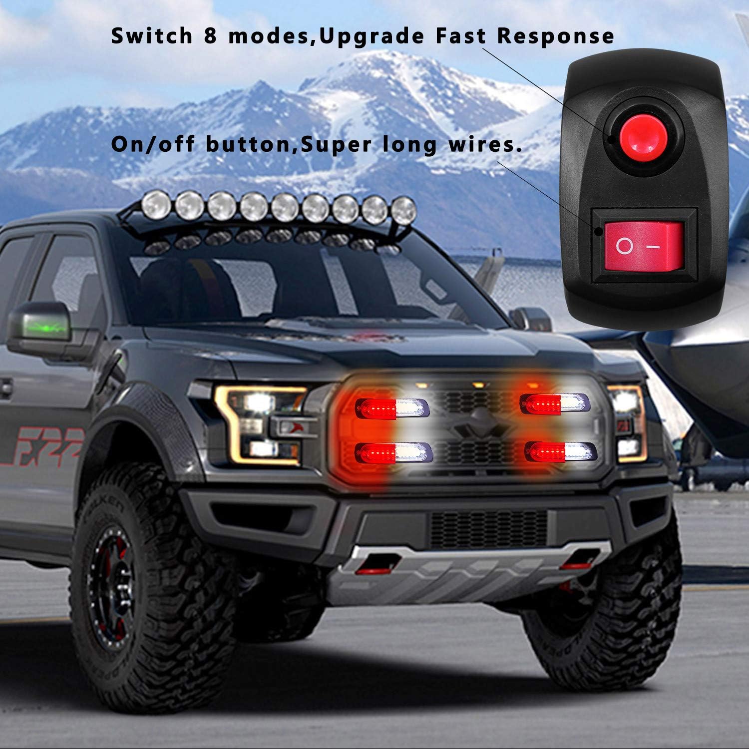 EASE2U E Led Warning Lights, 4pcs Emergency Warning Caution Hazard Construction Ultra Slim Sync Feature Car Truck with Main Control Box Surface Mount(White Red)