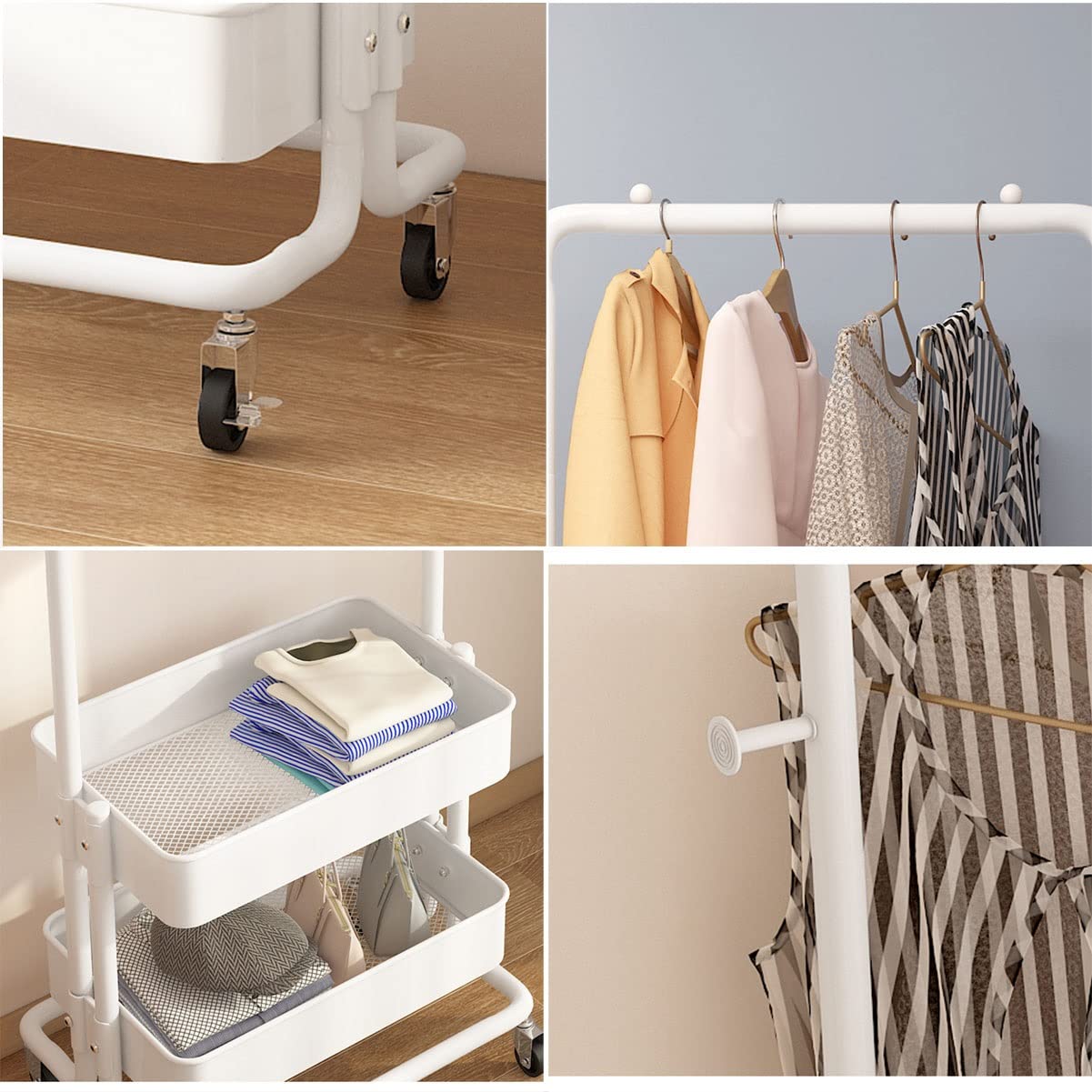 スタイリッシュ収納！ダブルバスケットトローリーハンガーラック スタイリッシュ収納！ダブルバスケットトローリーハンガーラック