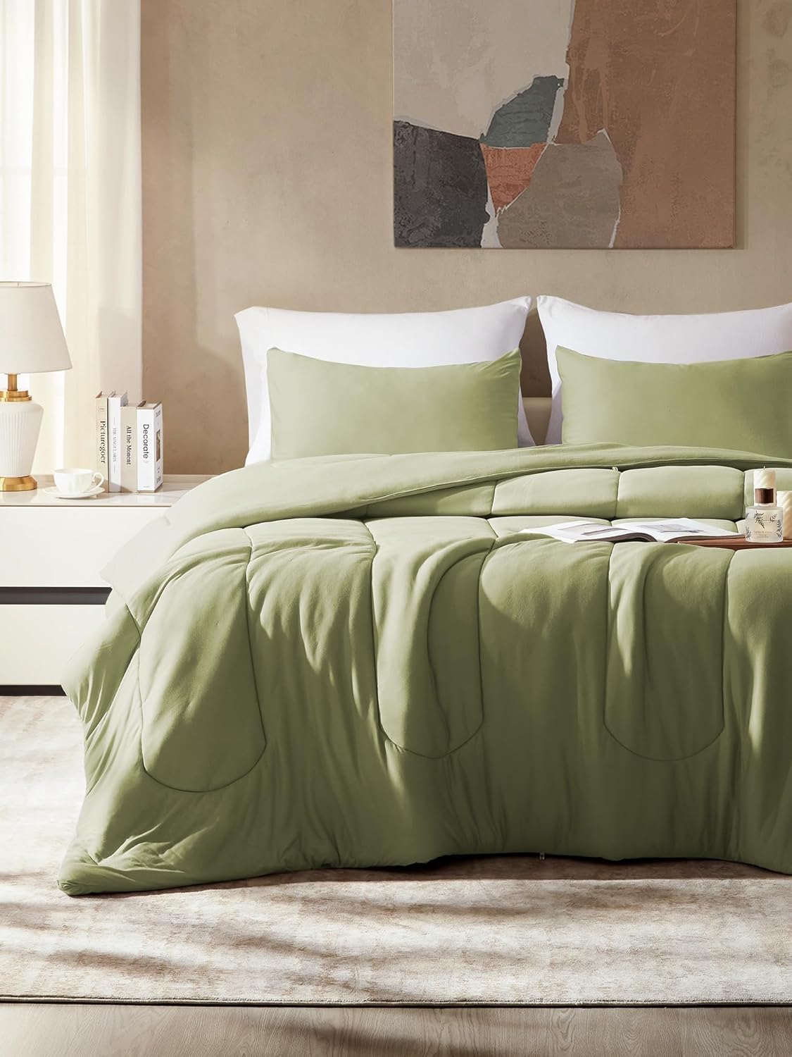 SLEEP ZONE King Size Comforter Set, Breathable Jersey Knit Soft Duvet Insert Set 3 Pieces Bedding Sets for Bedroom All Season, Green